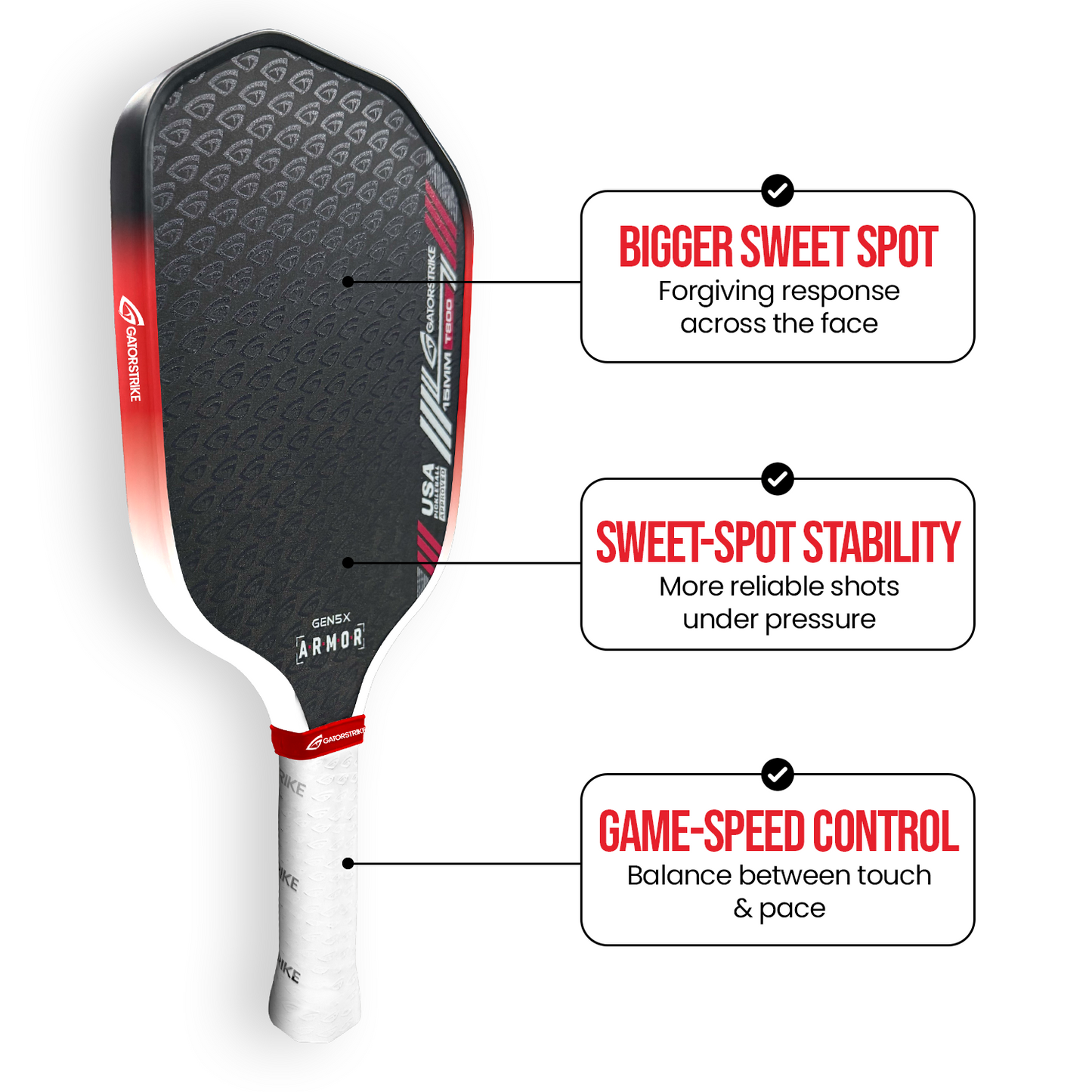 The GATORSTRIKE™ A.R.M.O.R GENx5 by GATORSTRIKE is shown in black and red with a white grip. Text highlights its bigger sweet spot, sweet-spot stability, and game-speed control for balanced court performance.