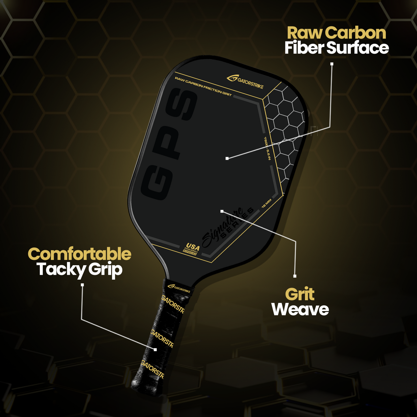 The GATORSTRIKE™ Gold Pro Series by GATORSTRIKE is a black carbon fiber pickleball paddle featuring a raw carbon fiber surface, responsive sweet spot, honeycomb-patterned Grit Weave section, and Comfortable Tacky Grip against a dark hexagonal background.