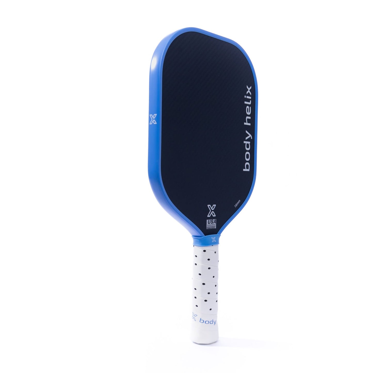 The FLIK Gen 3 Pickleball Paddle by body helix features a blue, rounded rectangular face with a dark hitting surface and “body helix” on the right. Its cushioned grip has a black dot pattern and blue logo, plus the USAP-approved symbol near the handle.
