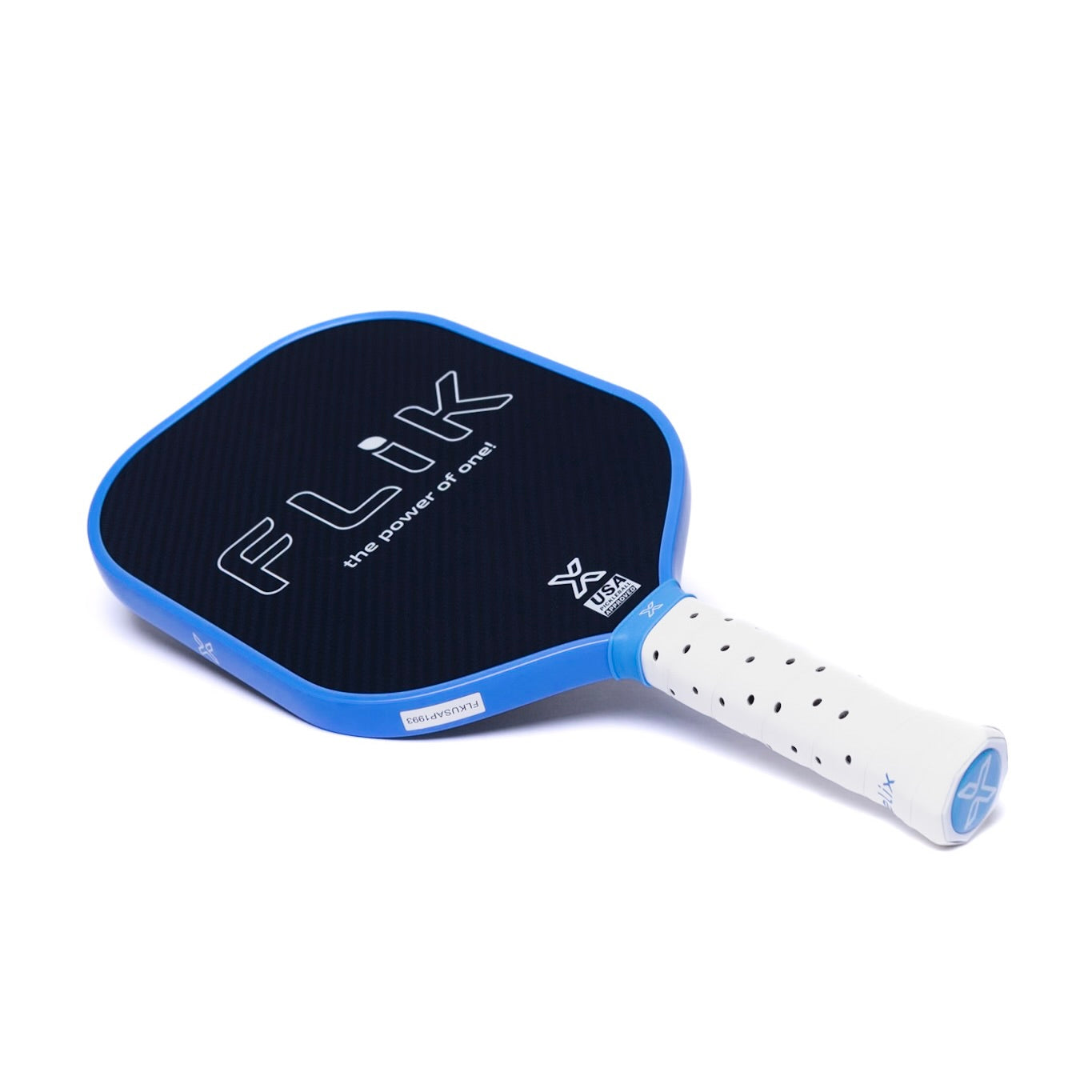 The body helix FLIK Gen 3 Pickleball Paddle - USAP Approved features a standard shape, blue edge, black face with large FLiK logo and “the power of one!” slogan. Its cushioned white grip has black perforations and blue details near the handle.