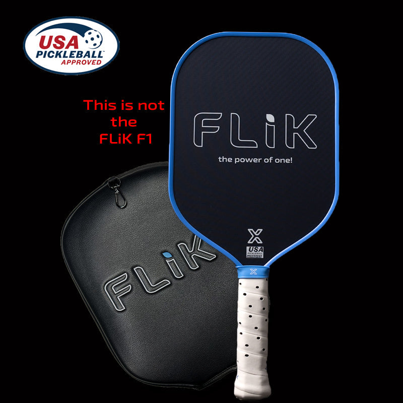 A black FLIK Gen 3 Pickleball Paddle by body helix with a white cushioned grip stands vertically beside its matching case. The USA Pickleball Approved logo is above it. Red text says, “This is not the FLIK F1.” Black background.
