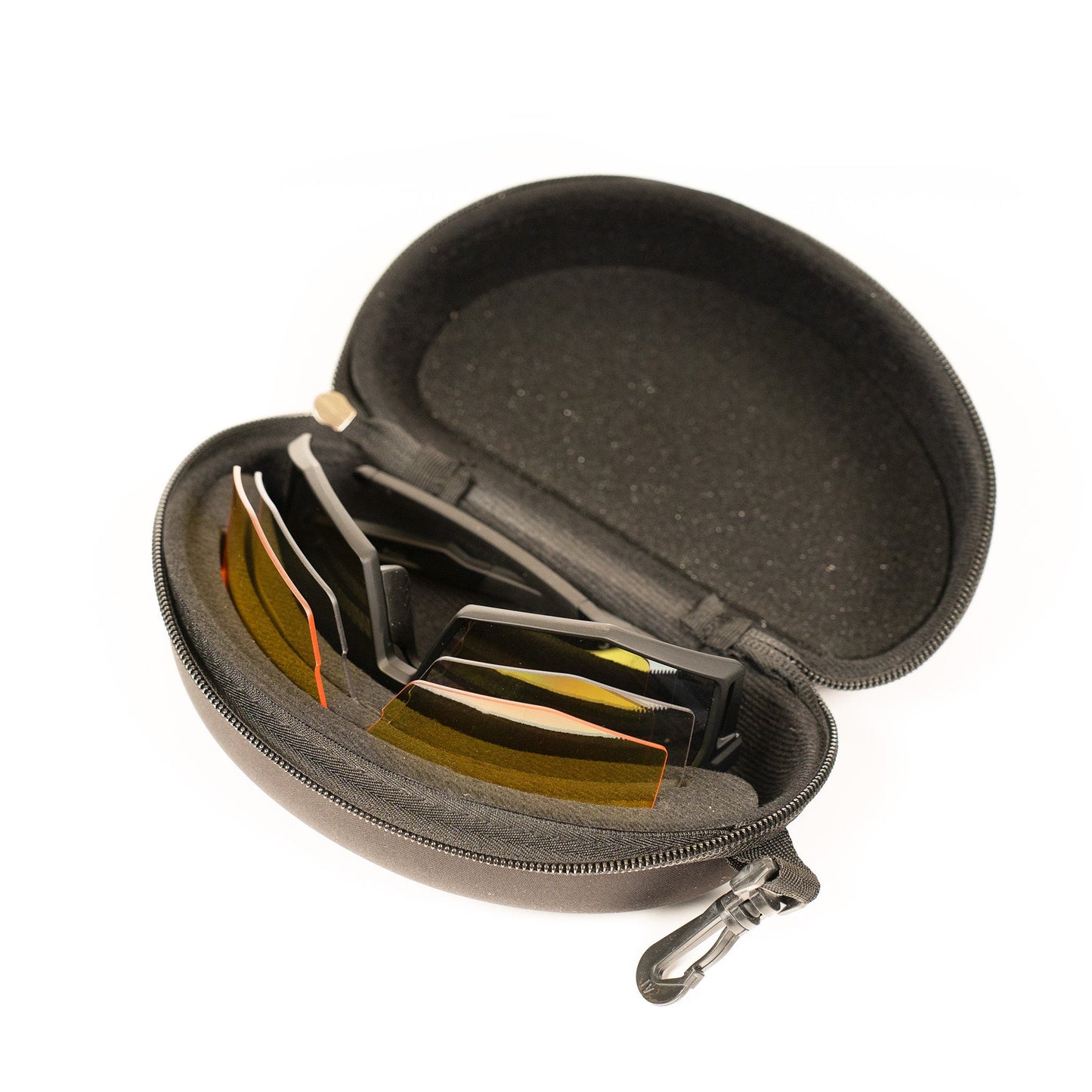 A black zippered hard-shell Pro-Guard Glasses Set by Moment Pickleball is open on a white background, displaying blue mirrored pickleball glasses and several interchangeable UV400 lenses securely held in foam cutouts.