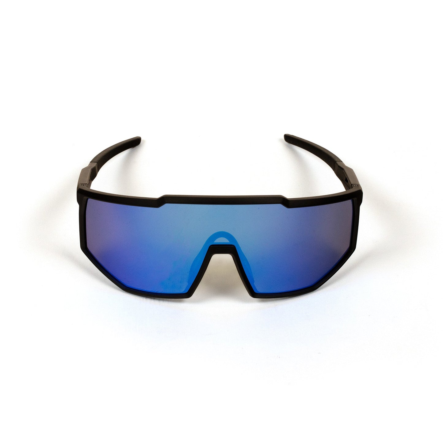 The Moment Pickleball Pro-Guard Glasses Set features a single wide blue mirrored lens, black angular frame, and straight arms designed for an athletic fit with UV400 protection, shown resting on a white background.
