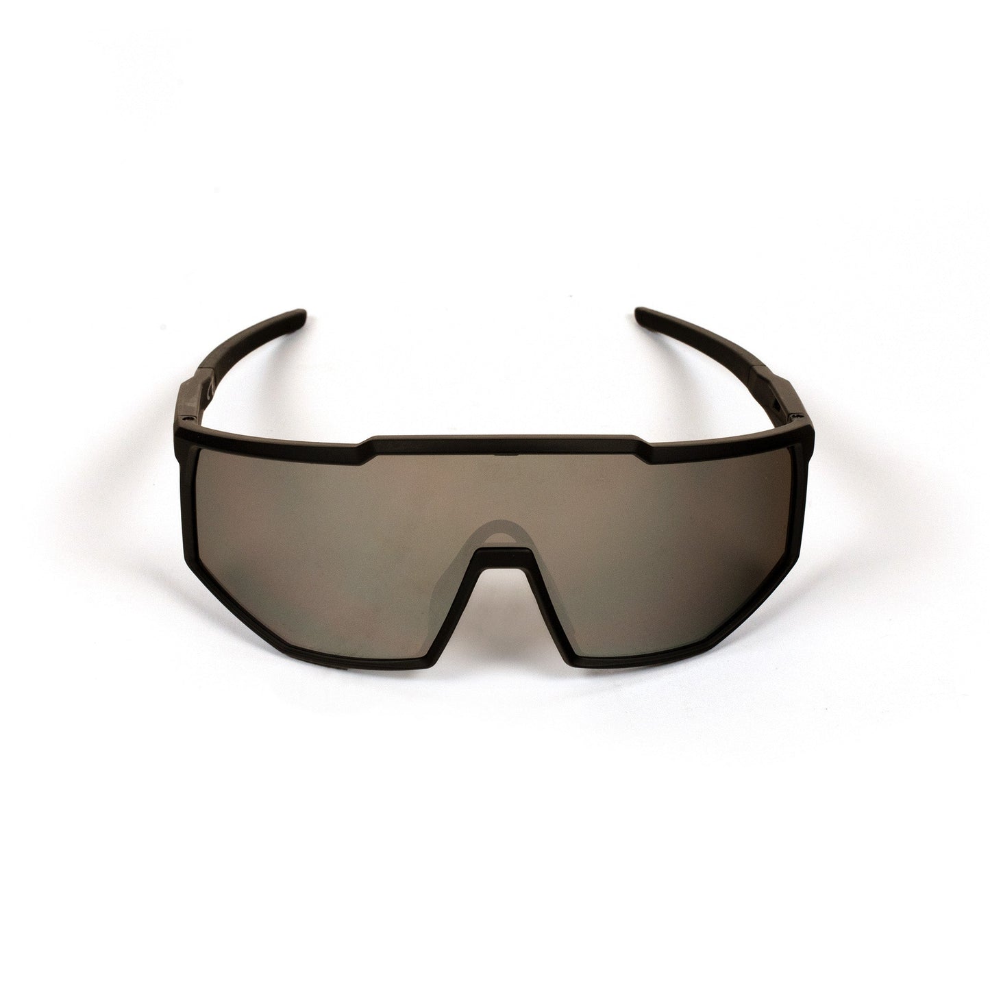 The Moment Pickleball Pro-Guard Glasses Set features a sporty, oversized matte black frame with a single continuous grey mirrored lens, interchangeable options, and wide arms for a secure fit—displayed on a plain white background.