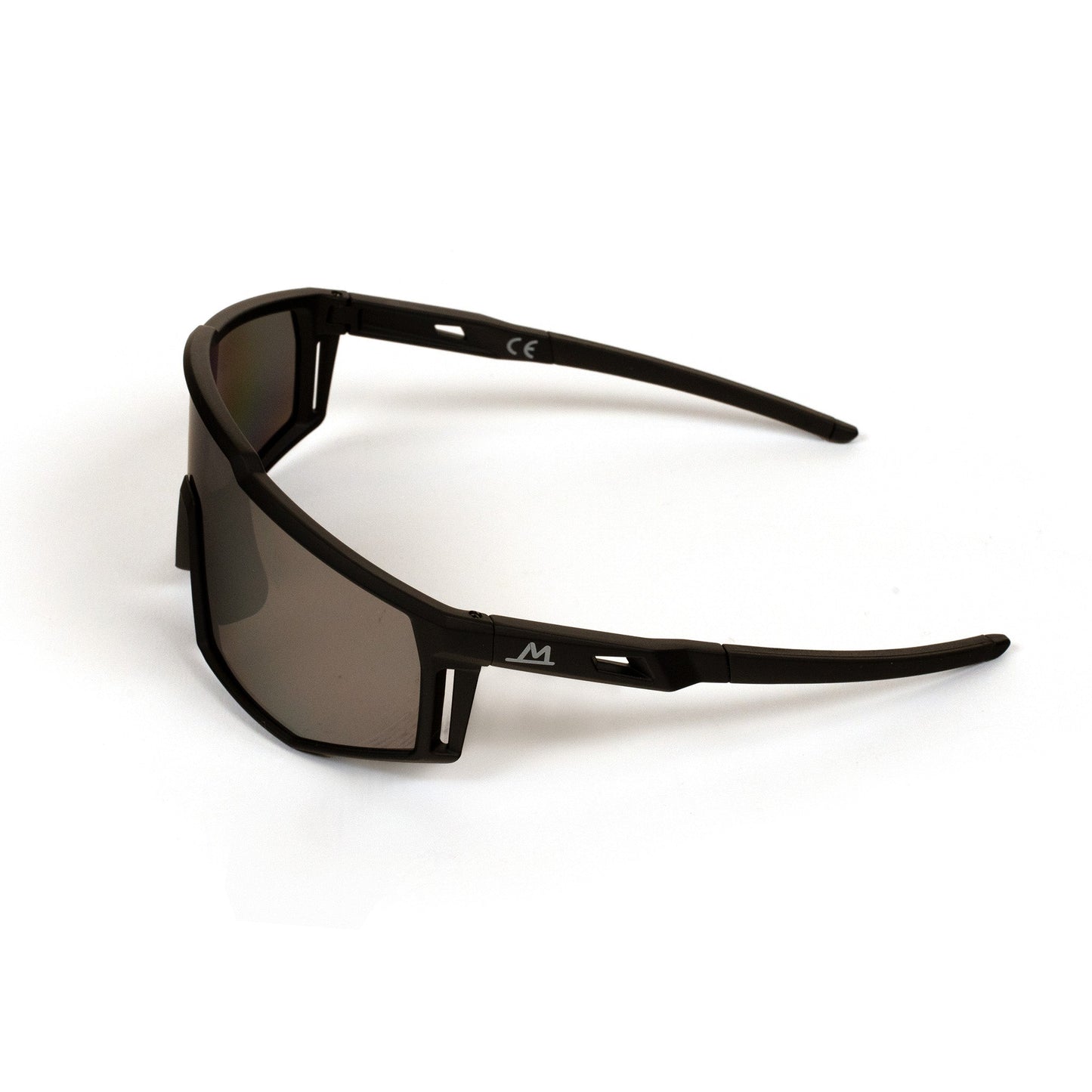 The Pro-Guard Glasses Set with Grey Mirrored Lens by Moment Pickleball features a black wraparound frame with angular edges, slim arms, and a white M logo on the temple—sporty eyewear perfect for pickleball, pictured on a plain white background.