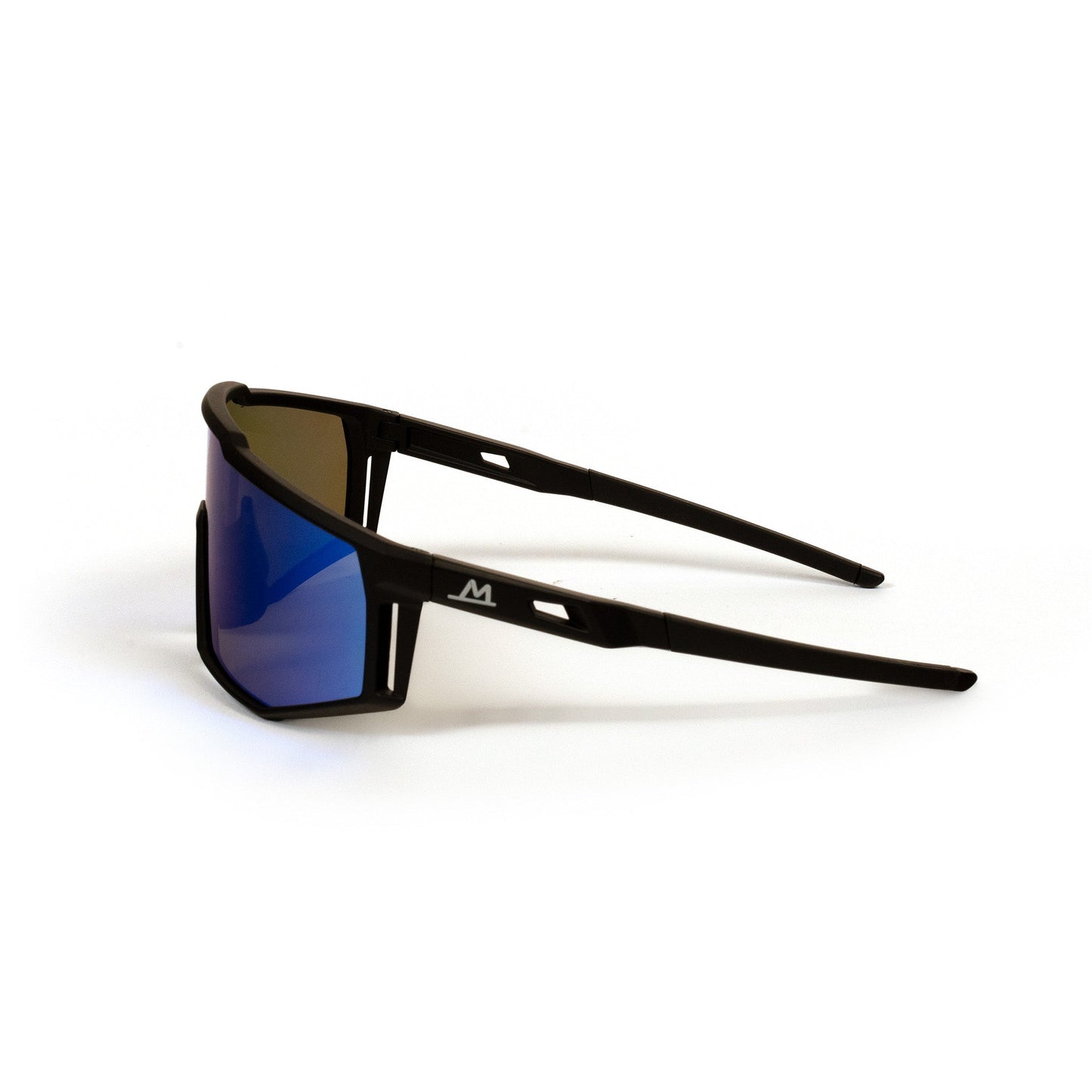 The Moment Pickleball Pro-Guard Glasses Set features black sports sunglasses with angular frames, blue mirrored rectangular lenses, thick arms with cutout details, a white M logo, and UV400 protection.