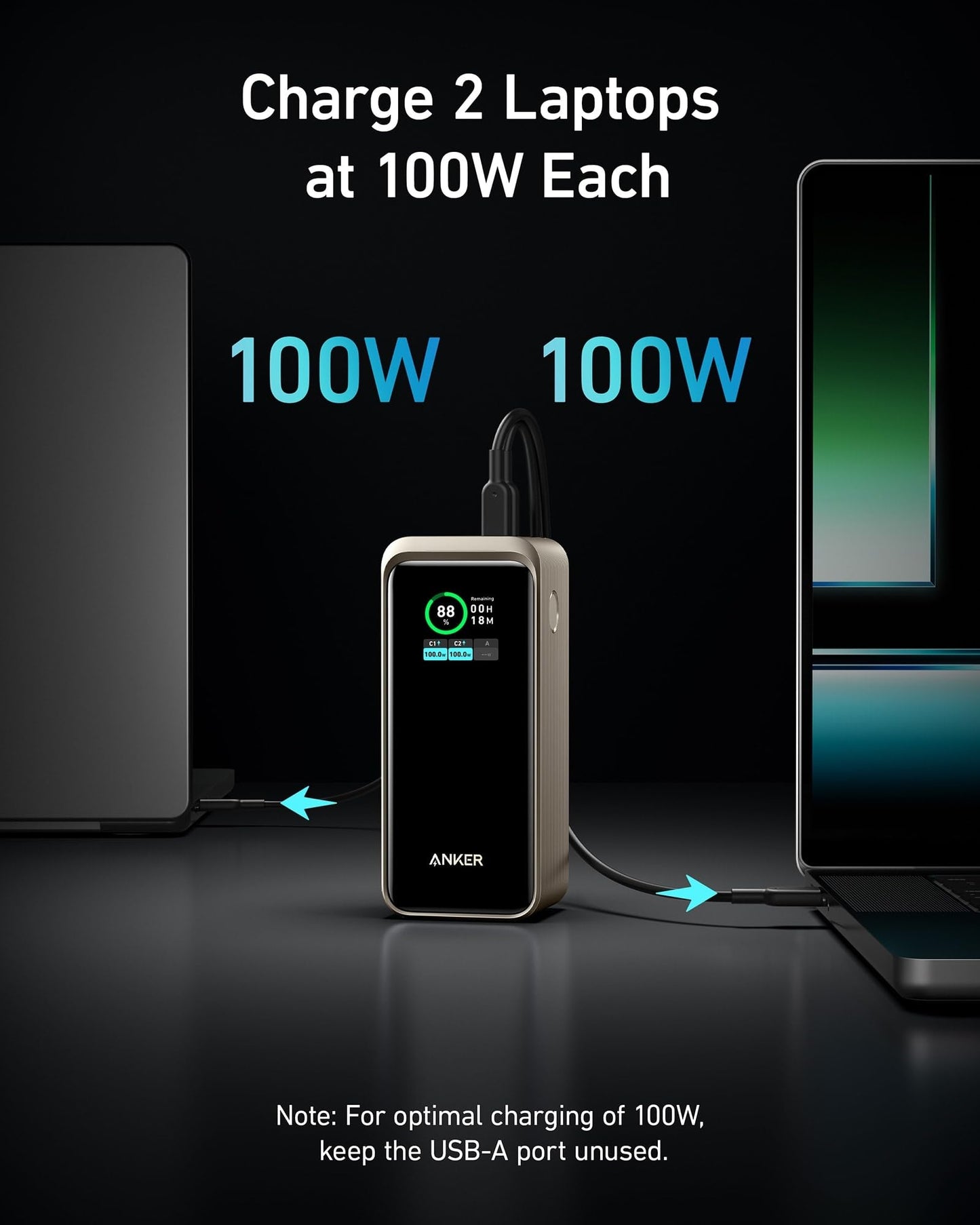 The Anker Prime Power Bank (20K, 200W) charges two laptops at 100W each. Its display shows charging stats, while arrows point to cables connected to each laptop. On the image: “Charge 2 Laptops at 100W Each.” Brand: Anker.