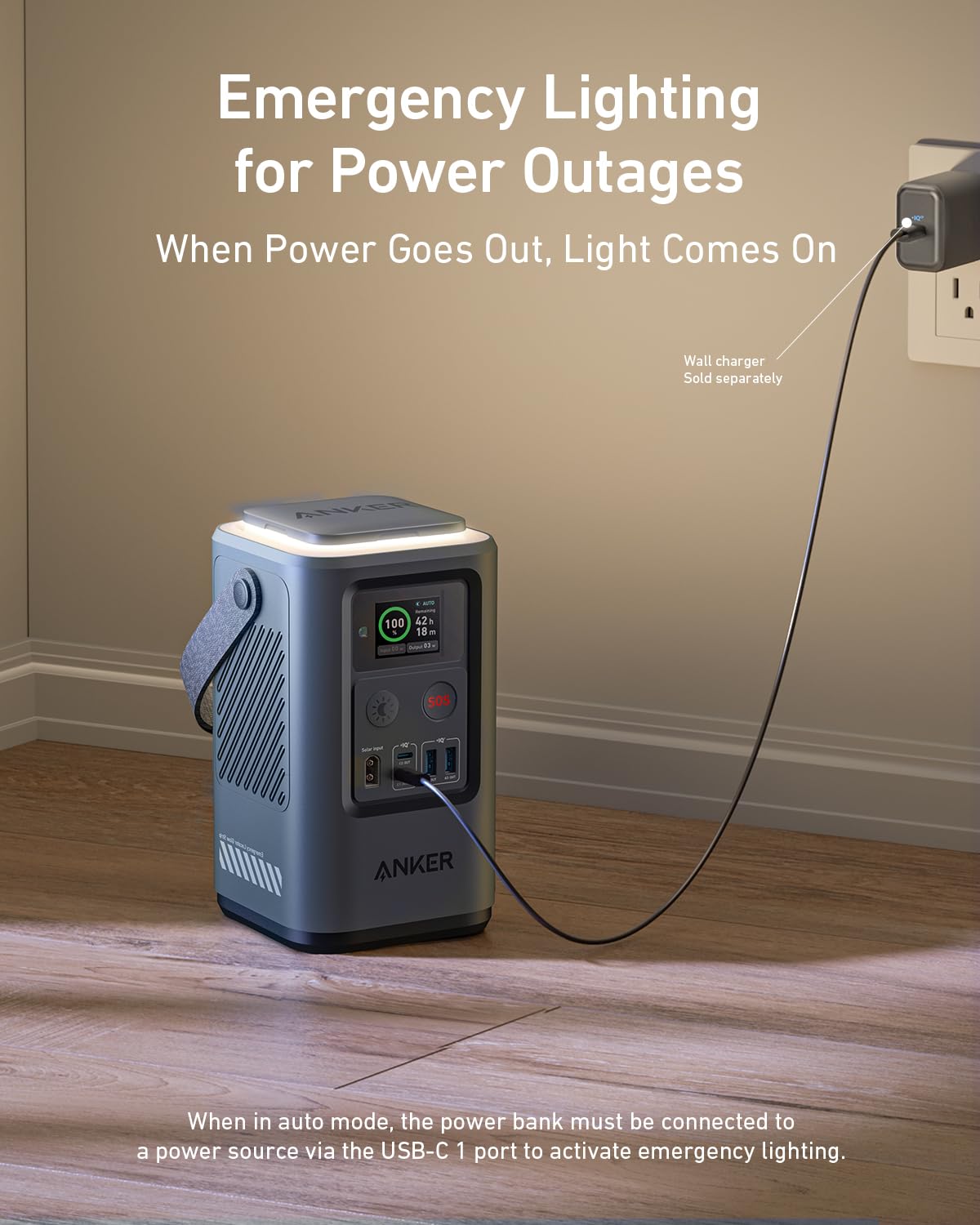 The Anker 548 Power Bank (PowerCore Reserve 192Wh) rests on a wood floor by a wall outlet, charging with a black cable. Its display shows battery info. It provides emergency backup power; solar charging isn’t included. Wall charger sold separately.