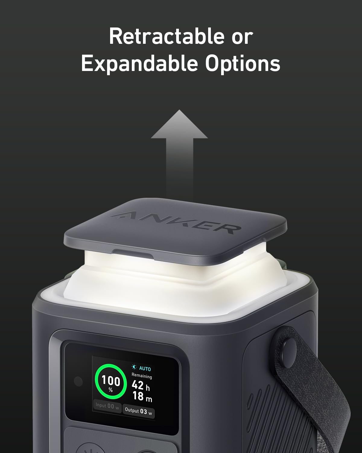 A close-up of the Anker 548 Power Bank (PowerCore Reserve 192Wh) shows its retractable light panel lifting up. An arrow points upward, and the display highlights emergency power and solar charging options. Text: “Retractable or Expandable Options.”.