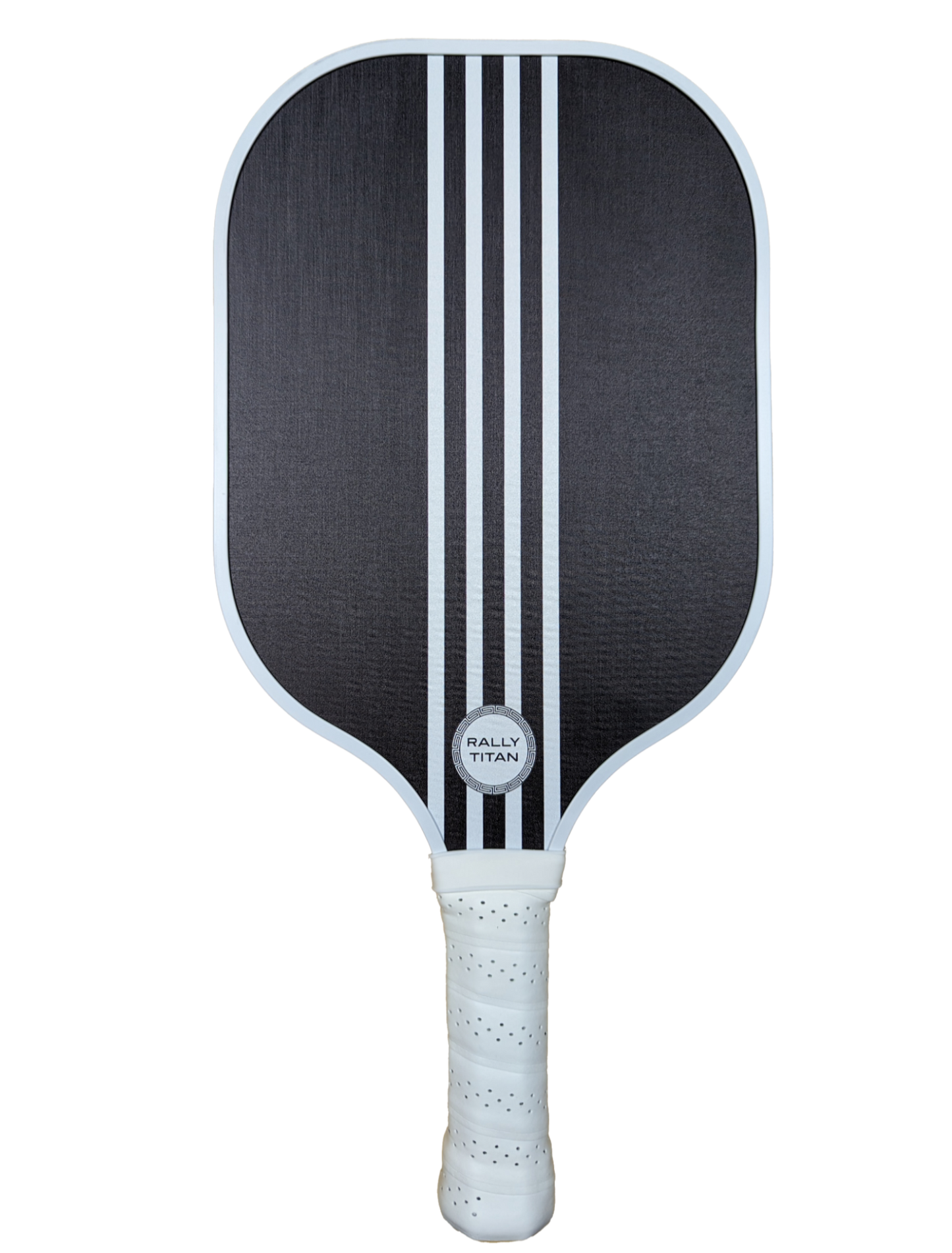 The Rally Titan Pickleball Aspro | 10MM paddle features a T300 textured carbon fiber black surface with three vertical white stripes, a rounded rectangular shape, white perforated grip, and the Rally Titan logo near the base on a plain white background.