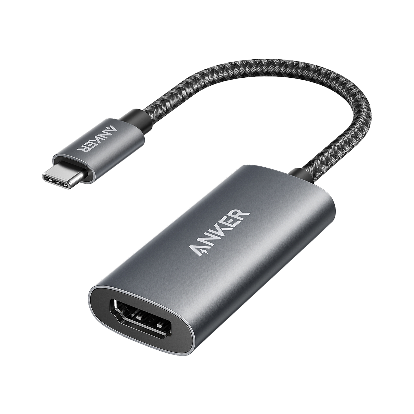 The Anker 518 USB-C Adapter (8K HDMI) features a braided cable, metallic gray finish with the Anker logo, and offers USB-C to HDMI connectivity. The adapter is shown on a plain white background.