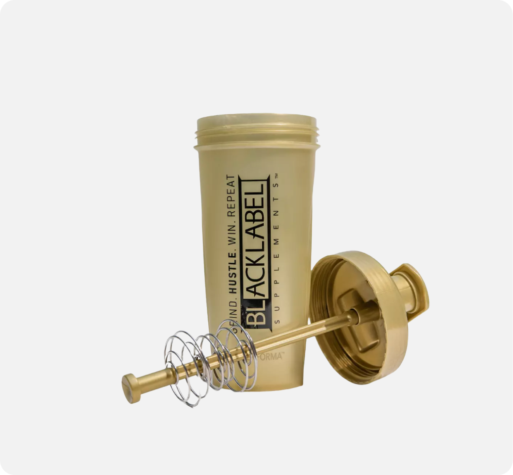 A BLACKLABEL Performa Shaker by BLACKLABEL Supplements stands upright, its lid and metal mixing spring beside it on a white background. This shaker features motivational text and is perfect for mixing supplements.