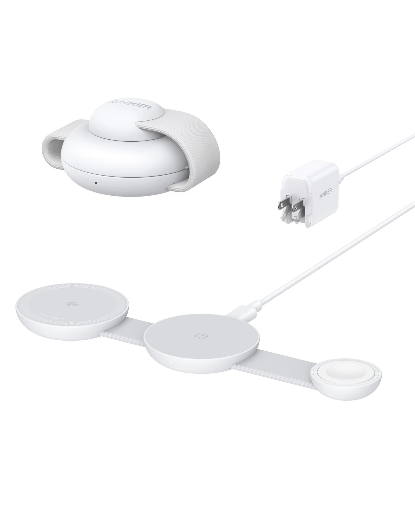 The Anker MagGo Wireless Charging Station (3-in-1, Foldable Pad) in white includes a wall adapter, cable, foldable pad for phone, watch, earbuds with 15W fast charging, a round earbud case, all in a sleek minimalist design.