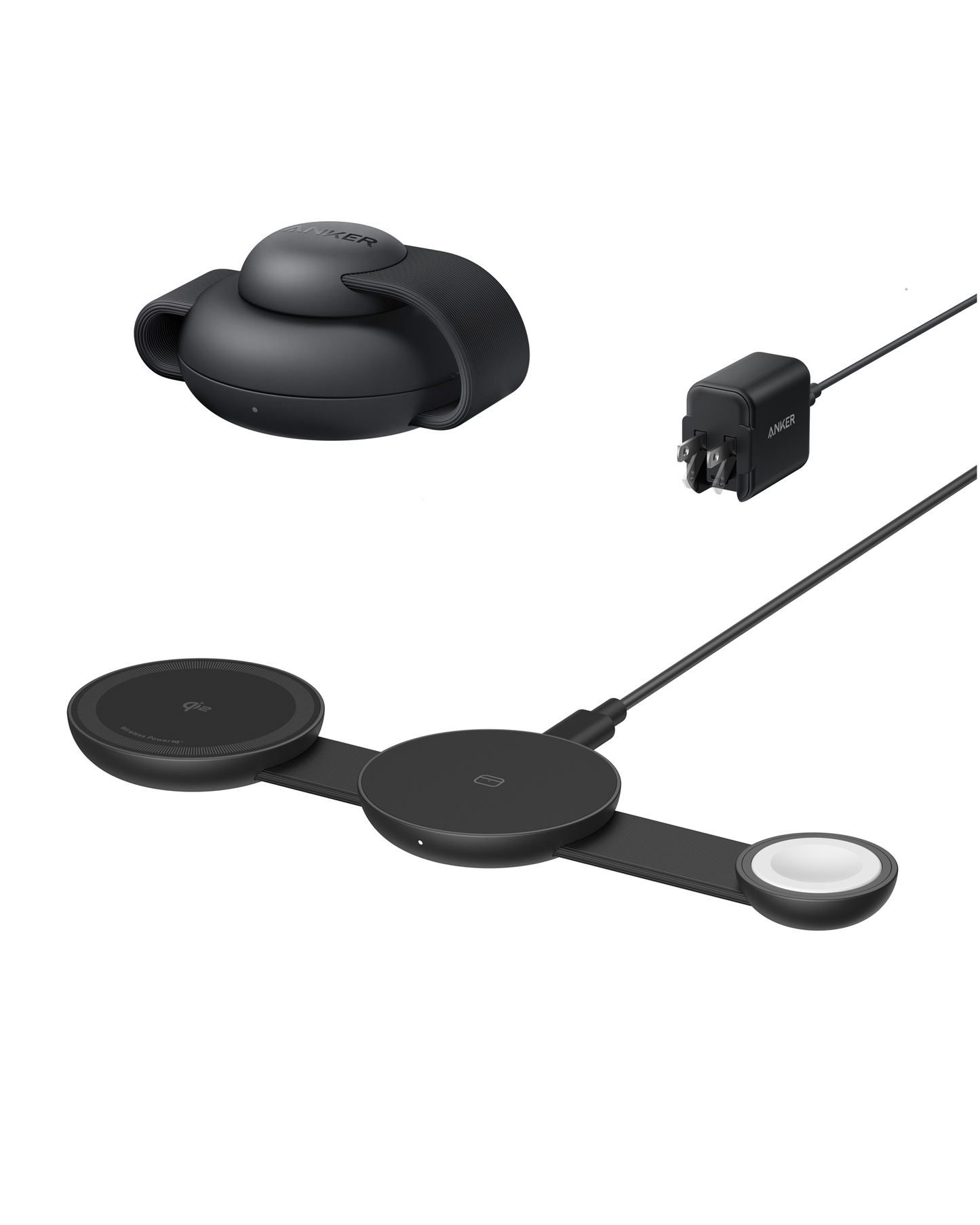 The Anker MagGo Wireless Charging Station (3-in-1, Foldable Pad) by Anker in black features circular charging areas, 15W fast charging, a USB power adapter with plug, and comes with a round clamshell case—all on a white background.