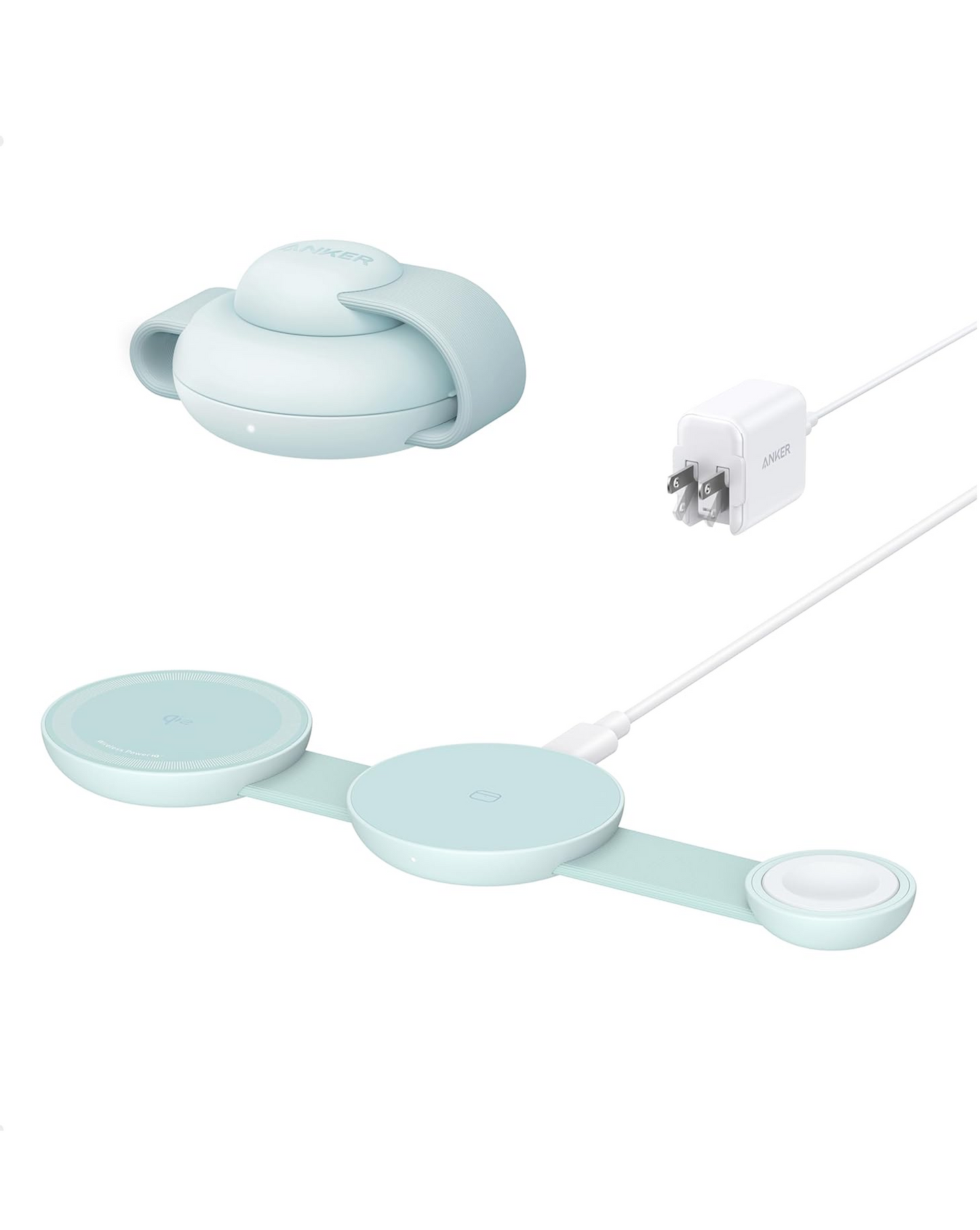 The Anker MagGo Wireless Charging Station (3-in-1, Foldable Pad) by Anker is shown in light blue, unfolded with circular pads for phone, earbuds, and smartwatch. A matching travel case and white USB-C wall charger enhance its sleek, compact design.