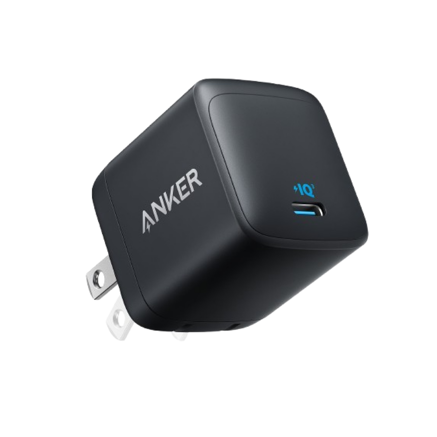 The Anker 313 Charger (Ace, 45W) in black is angled to show its USB-C port, foldable prongs, Anker logo, and a blue IQ symbol on the front. The charger is set against a white background.