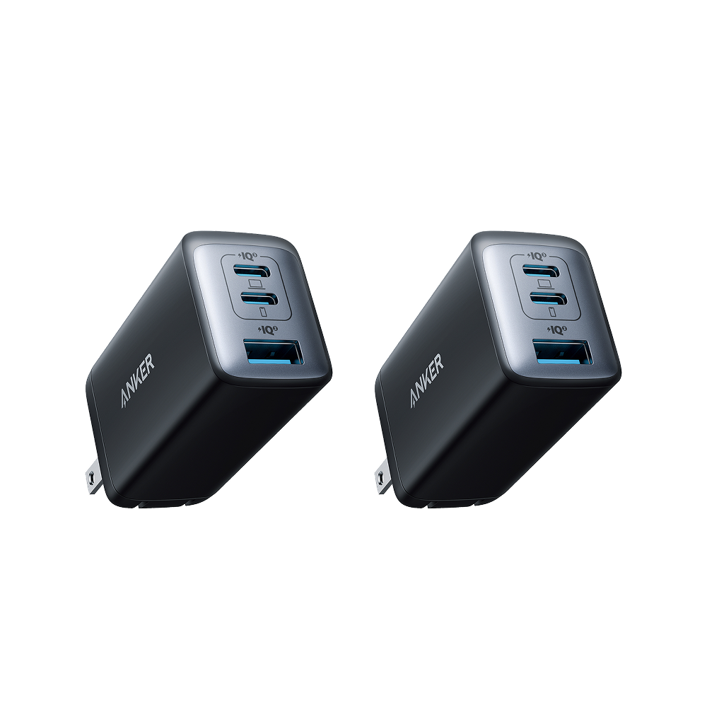 Two black Anker 735 Charger (Nano II 65W) units by Anker are shown on a white background. Each charger has GaN II tech, foldable prongs, two USB-C ports, one USB-A port with IQ symbols for fast charging. Sold as a 2-pack.