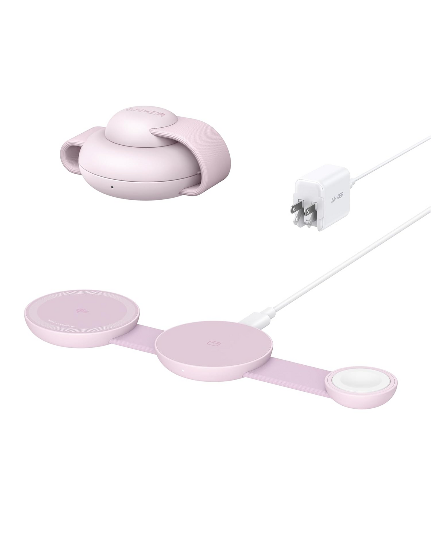 The Anker MagGo Wireless Charging Station (3-in-1, Foldable Pad) by Anker features pastel pink MagSafe-compatible charging with three circular pads, a matching portable case, and a white USB-C wall adapter against a white background.