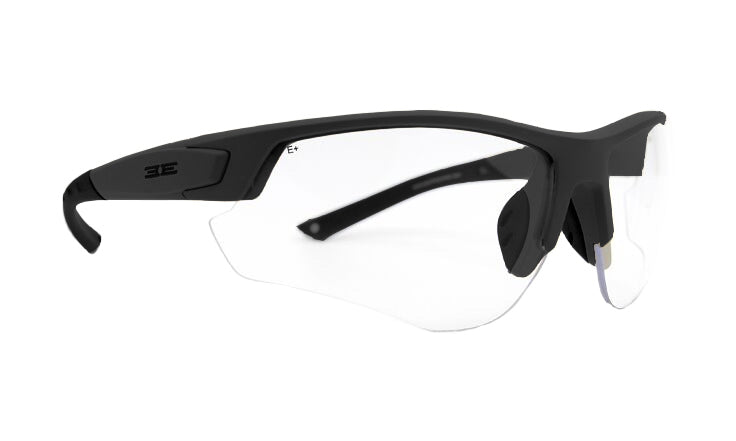 Epoch Eyewear’s Grunt Tactical Sport Sunglasses feature clear, semi-rimless lenses, wraparound black frames with curved arms, nose pads for comfort, a 3E logo, and GRUNT-inspired camouflage detailing on the temples.