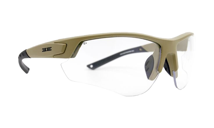 Epoch Eyewear Grunt Tactical Sport Sunglasses feature a light brown and black wraparound semi-rimless frame, clear lenses, nose pads, subtle camouflage pattern, and 3E logo—sleek and ideal for outdoor or athletic use.