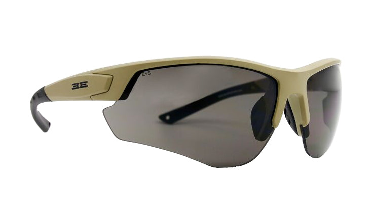 Epoch Eyewear’s Grunt Tactical Sport Sunglasses feature a tan and black, aerodynamic camouflage frame, dark semi-rimless lenses, ergonomic nose pads and arm ends for comfort, plus a bold 3E logo on the left arm.