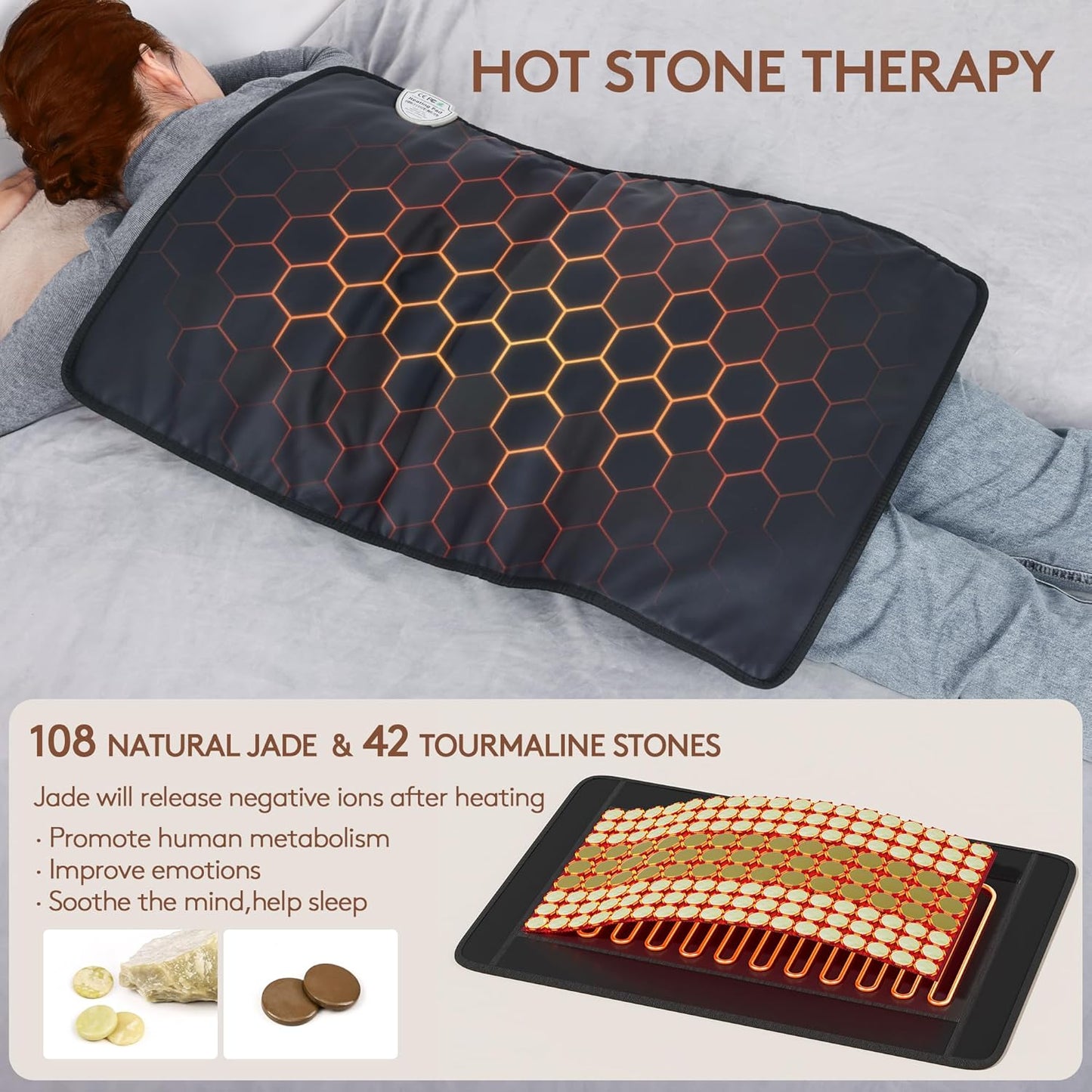A person lies face down with an iReliev Far Infrared Natural Jade and Tourmaline Heating Pad (31"x21") featuring a glowing orange hexagonal pattern. An inset shows jade and tourmaline stones, with text noting muscle pain relief and better sleep.