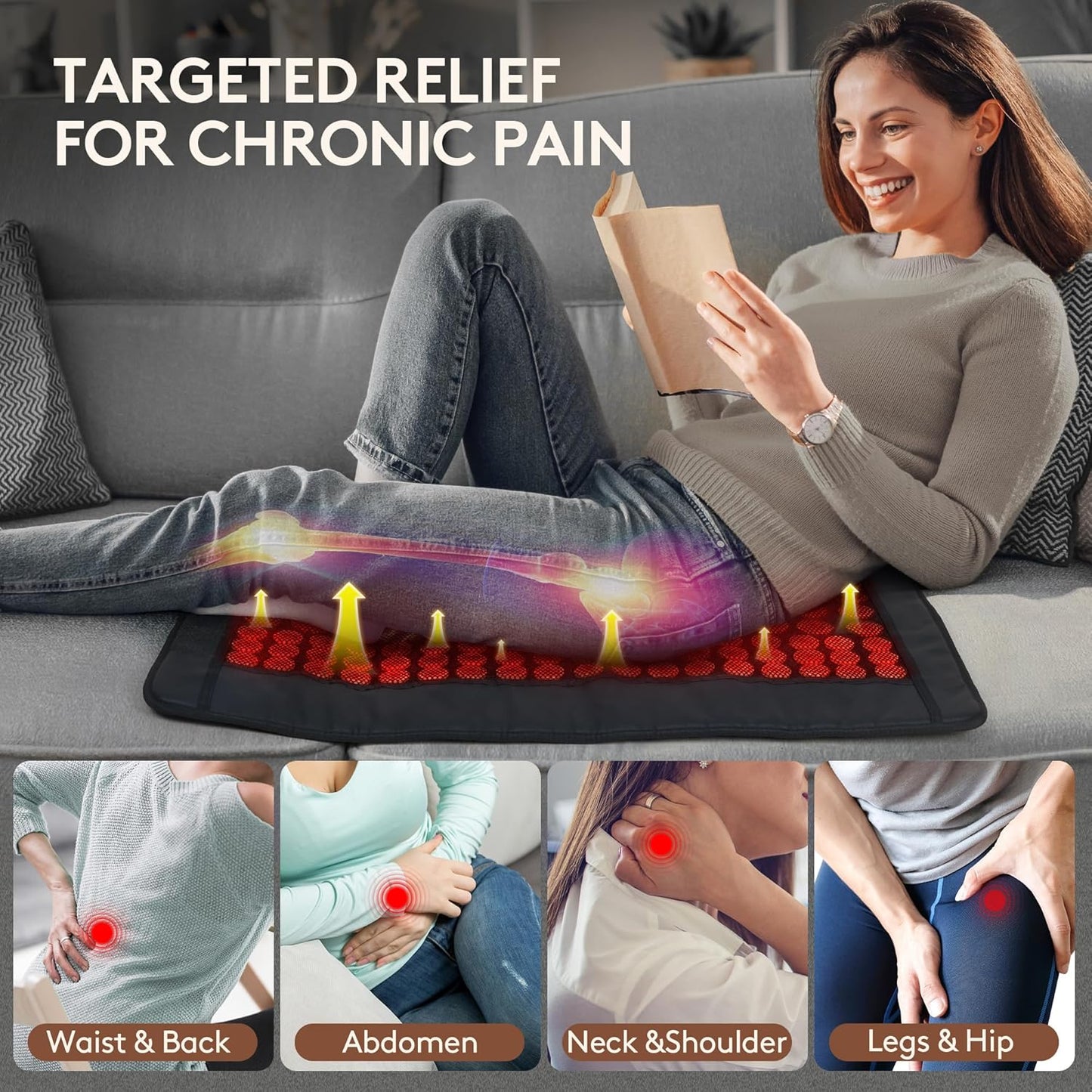 A woman relaxes on a couch with the iReliev Far Infrared Natural Jade and Tourmaline Heating Pad (31" x 21") under her, smiling as she reads. Text: “Targeted Relief for Chronic Pain.” Insets depict muscle relief for back, abdomen, neck, and legs.