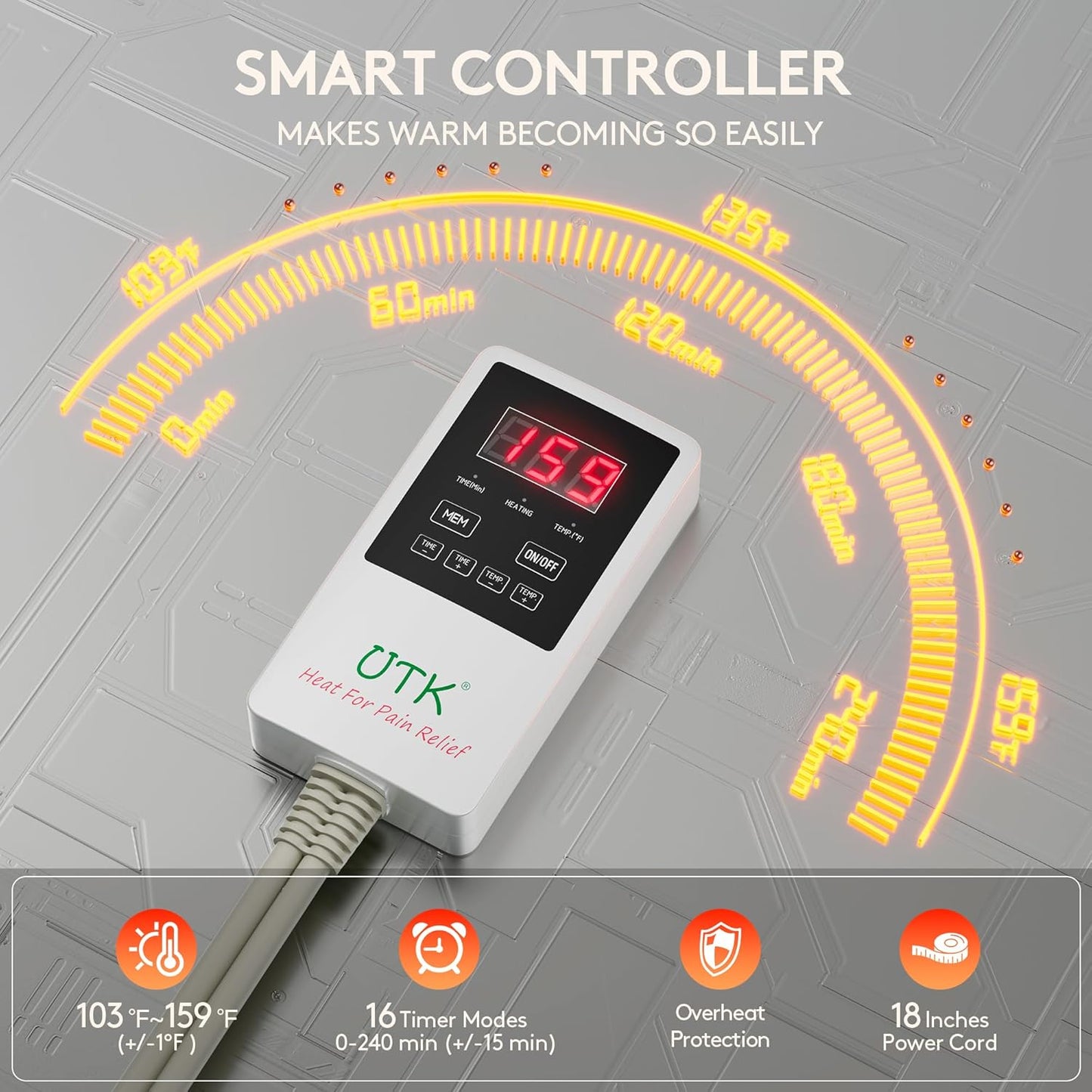 The iReliev Far Infrared Natural Jade and Tourmaline Heating Pad (31" x 21") features a white digital controller with red LED display, adjustable temperature, timer modes, overheat protection, and an 18-inch power cord for smart muscle pain relief.