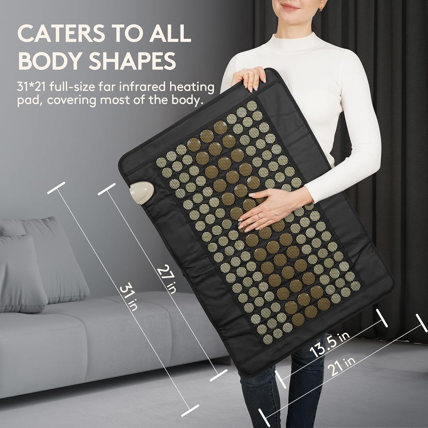A woman holds the iReliev Far Infrared Natural Jade and Tourmaline Heating Pad (31" x 21") with circular therapy zones, covering her waist to thigh. Text reads “CATERS TO ALL BODY SHAPES” and spotlights muscle pain relief.