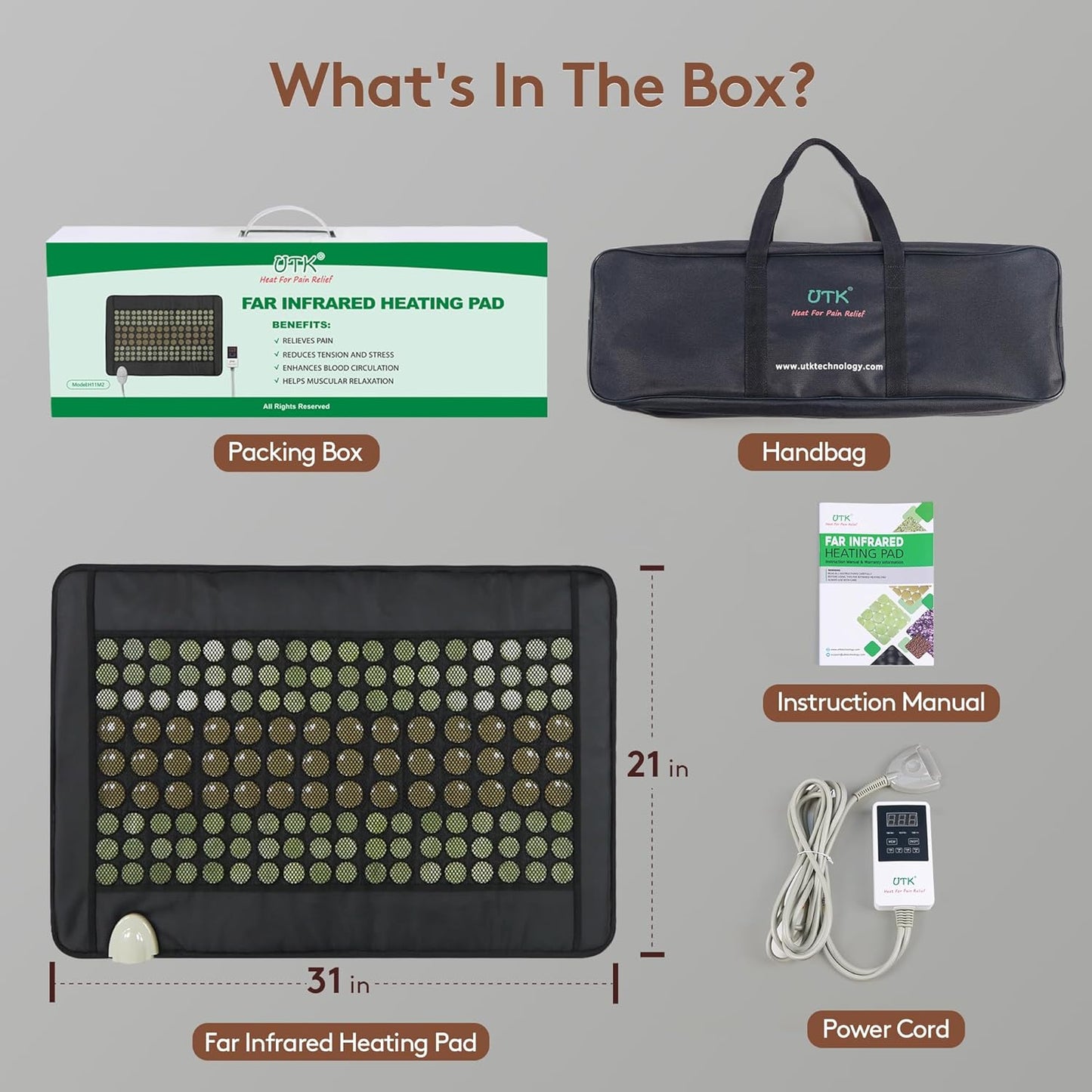 A labeled display features the iReliev Far Infrared Natural Jade and Tourmaline Heating Pad (31" x 21"), a packing box, black carrying bag, instruction manual, and white power cord with control unit—all neatly arranged on a gray background.