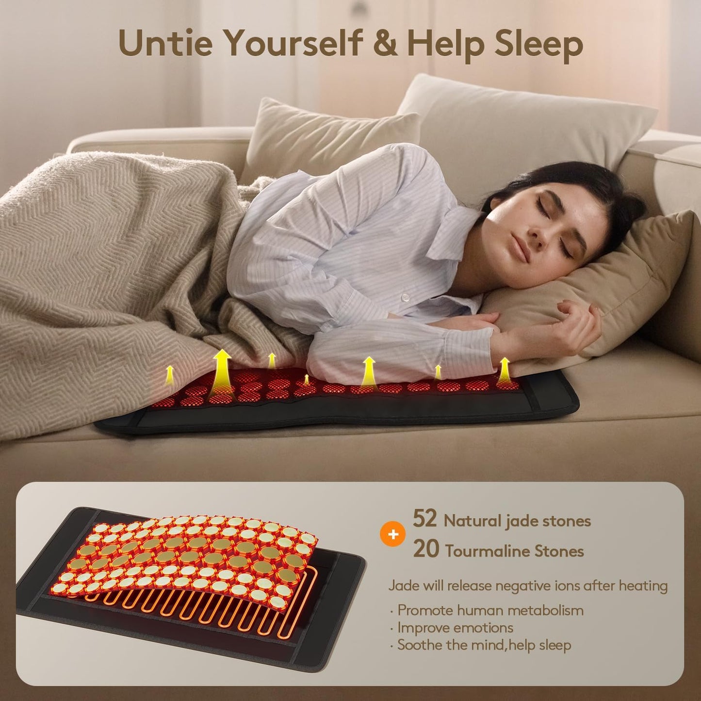 A woman rests on a beige sofa, lying on the iReliev Far Infrared Natural Jade and Tourmaline Heating Pad (23.5" x 16"). Yellow arrows show warmth rising, with text: “Untie Yourself & Help Sleep”—for back pain relief and health benefits.