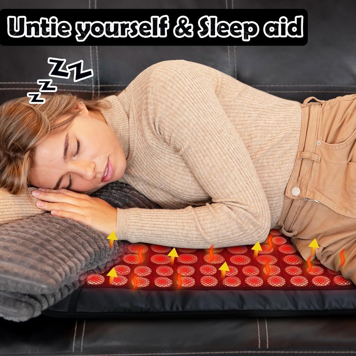 A woman in a beige turtleneck and brown pants lies on her side, appearing asleep, atop the iReliev Far Infrared Natural Jade and Tourmaline Heating Pad (23.5" x 16"). “Untie yourself & Sleep aid” text with cartoon Zs appears above her head.