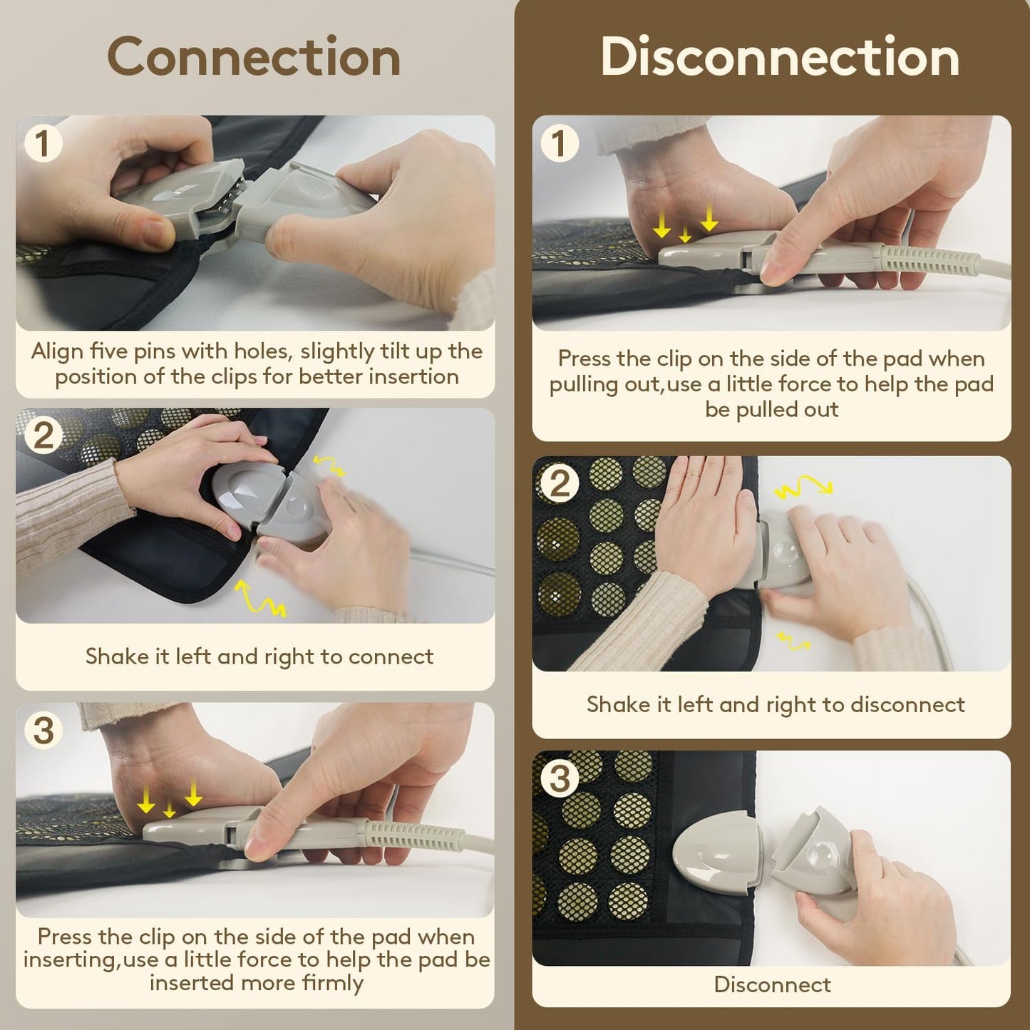 Step-by-step photo guide shows how to connect and disconnect the iReliev Far Infrared Natural Jade and Tourmaline Heating Pad (23.5" x 16"): align clips, insert, shake to secure, press for firmness; to disconnect, press clip, pull while shaking.