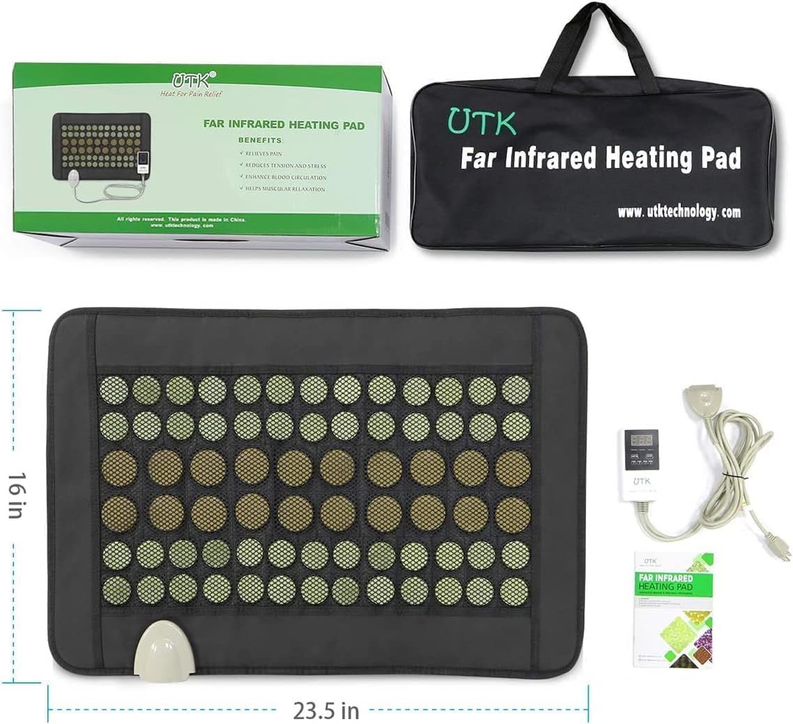 An iReliev Far Infrared Natural Jade and Tourmaline Heating Pad (23.5"x16") with green packaging, black carrying bag, digital controller with cord, and instruction manual are neatly arranged on a white background.
