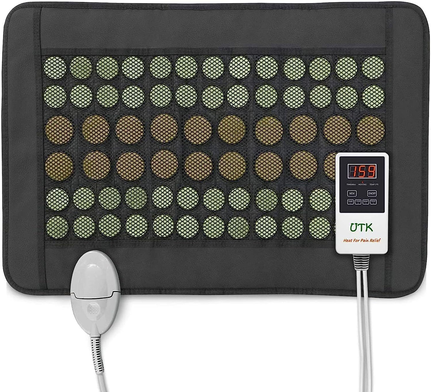 The iReliev Far Infrared Natural Jade and Tourmaline Heating Pad (23.5" x 16") features rows of circular jade and tourmaline stones, a digital controller reading 135°F with branded buttons, and a wired remote resting on its black surface.