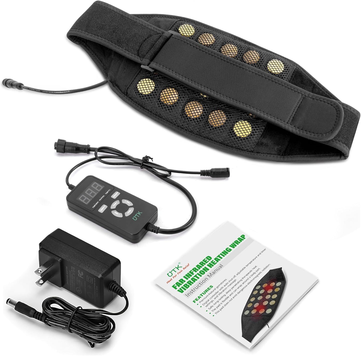The iReliev Wearable Far Infrared Heating Pad for Back Pain Relief features circular jade and tourmaline stones, a digital controller, power adapter, and user manual—all displayed on a white background.