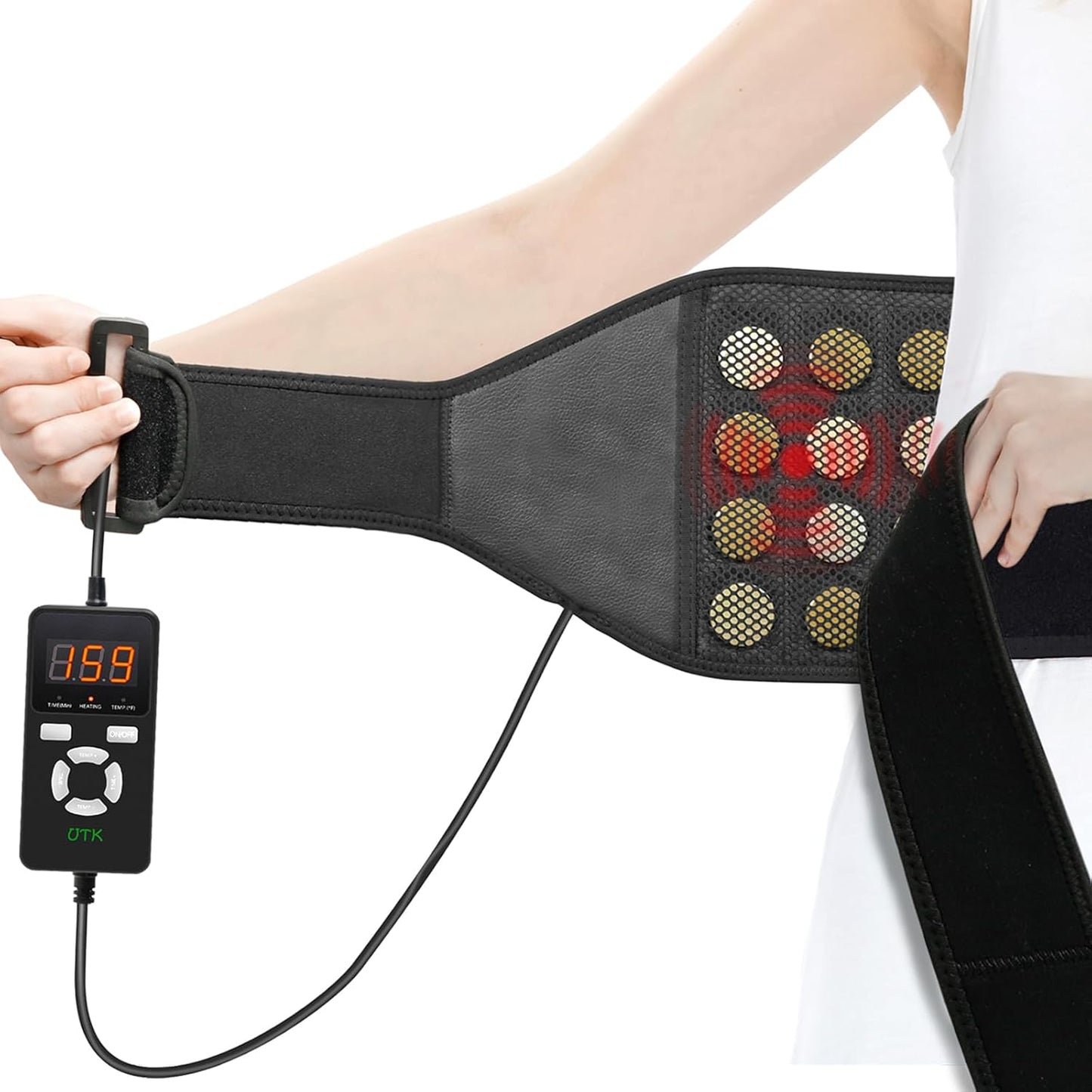 A person wears the iReliev Wearable Far Infrared Heating Pad for Back Pain Relief around their lower back, with glowing red elements and holding a wired digital controller reading “859,” highlighting targeted relief.