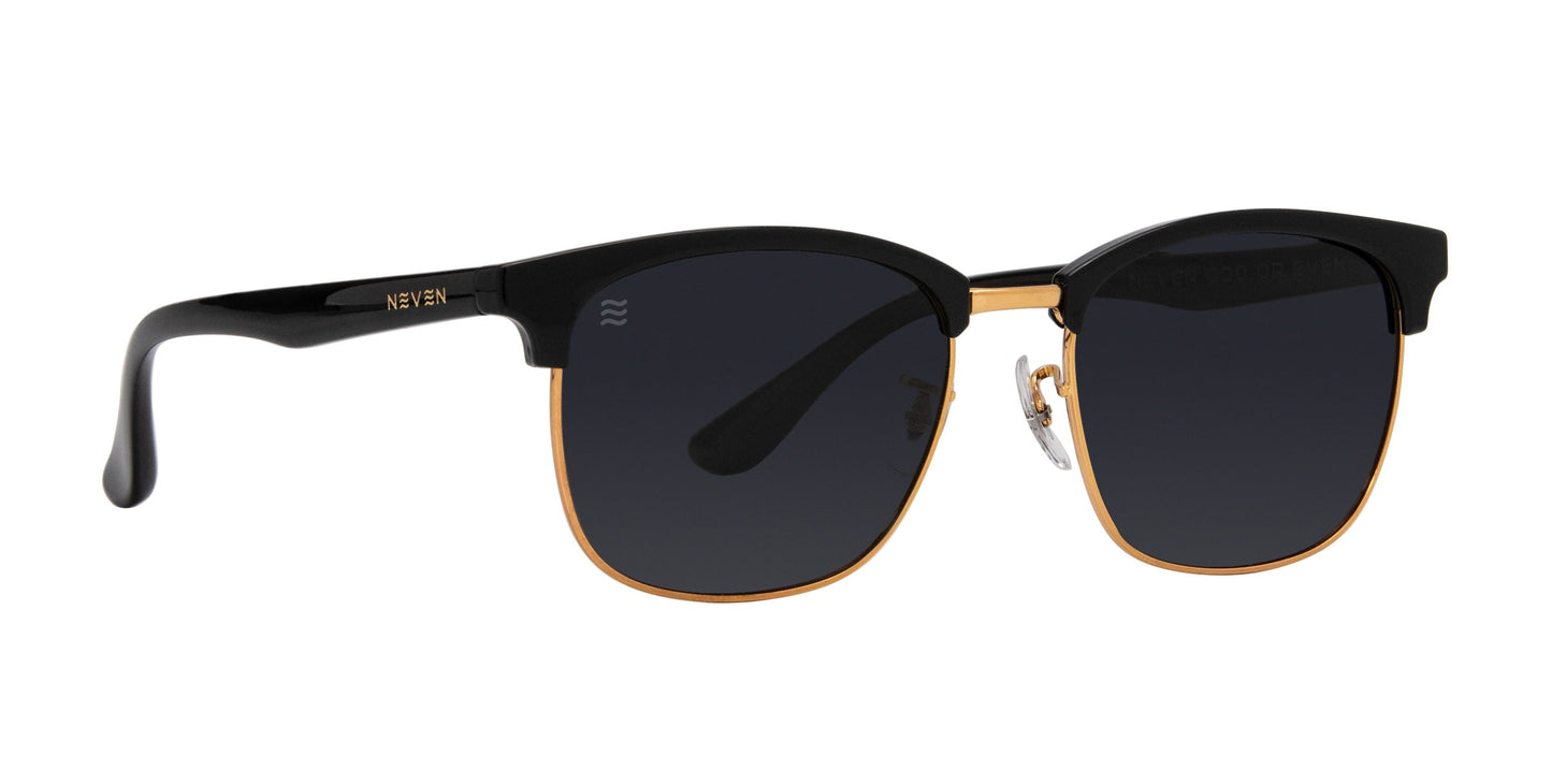 Experience the Gold Rush by Neven Eyewear: stylish TR90 sunglasses featuring thick black upper frames, slim gold lower rims, dark rectangular polarized UV400 lenses, transparent nose pads, and signature gold branding.