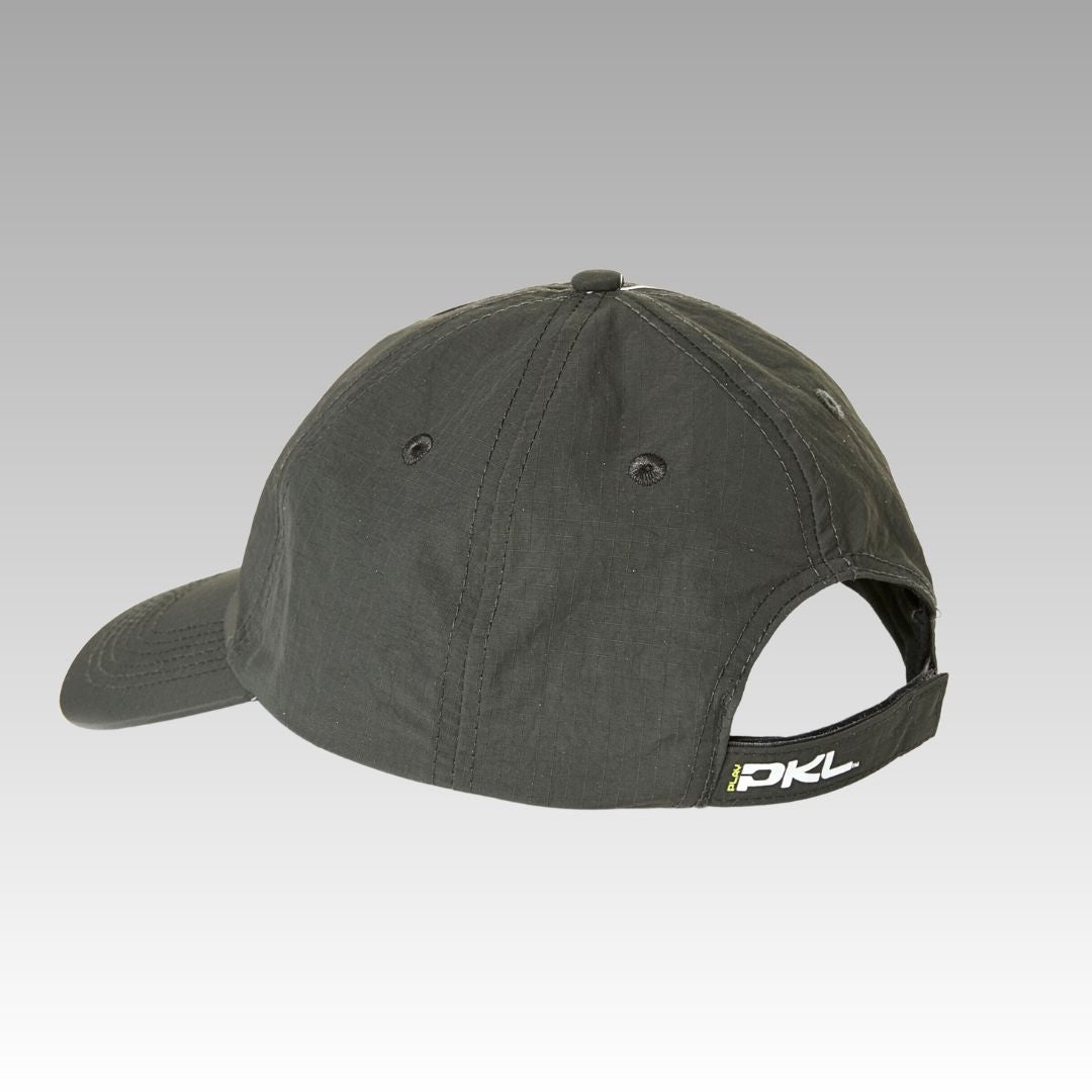 The Hi Hat Pickleball Hat by Playly Store is shown from the back in dark gray, featuring a curved brim, stitched panels with eyelets, and an adjustable strap with a PKL tag. Made of moisture-wicking ripstop nylon, it's set against a gray gradient background.