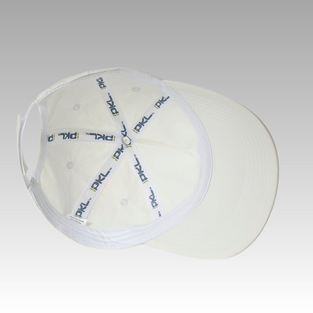 The Hi Hat Pickleball Hat from Playly Store is shown from above, highlighting the inside. Blue "PKL" logos repeat along moisture-wicking taping in a star pattern. A light gray-to-white gradient background is visible.