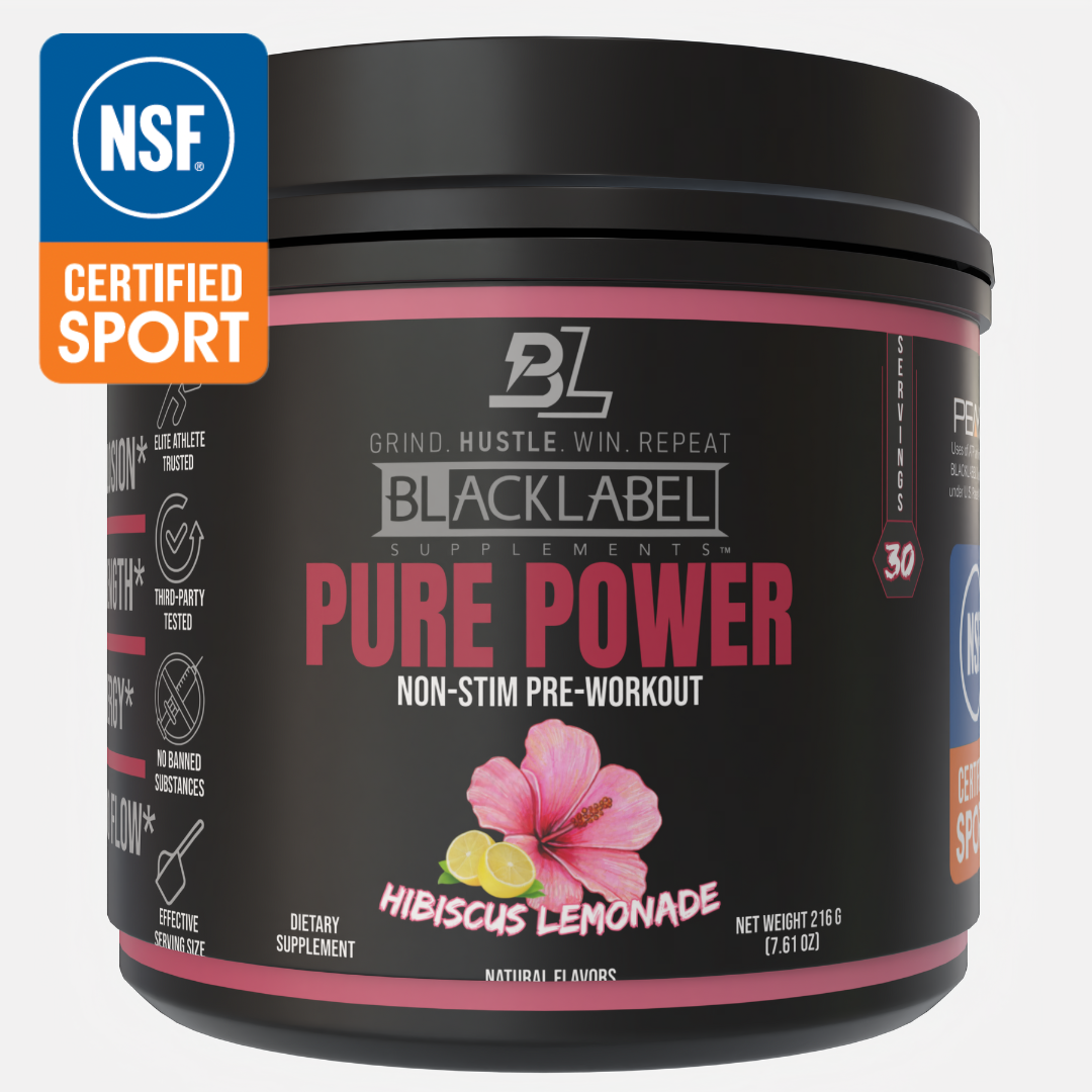 A black plastic container of BLACKLABEL Supplements PURE POWER Non-Stim Pre-Workout, Hibiscus Lemonade flavor, featuring hibiscus flowers, lemon slices, an NSF Certified Sport badge, and a net weight of 216g.