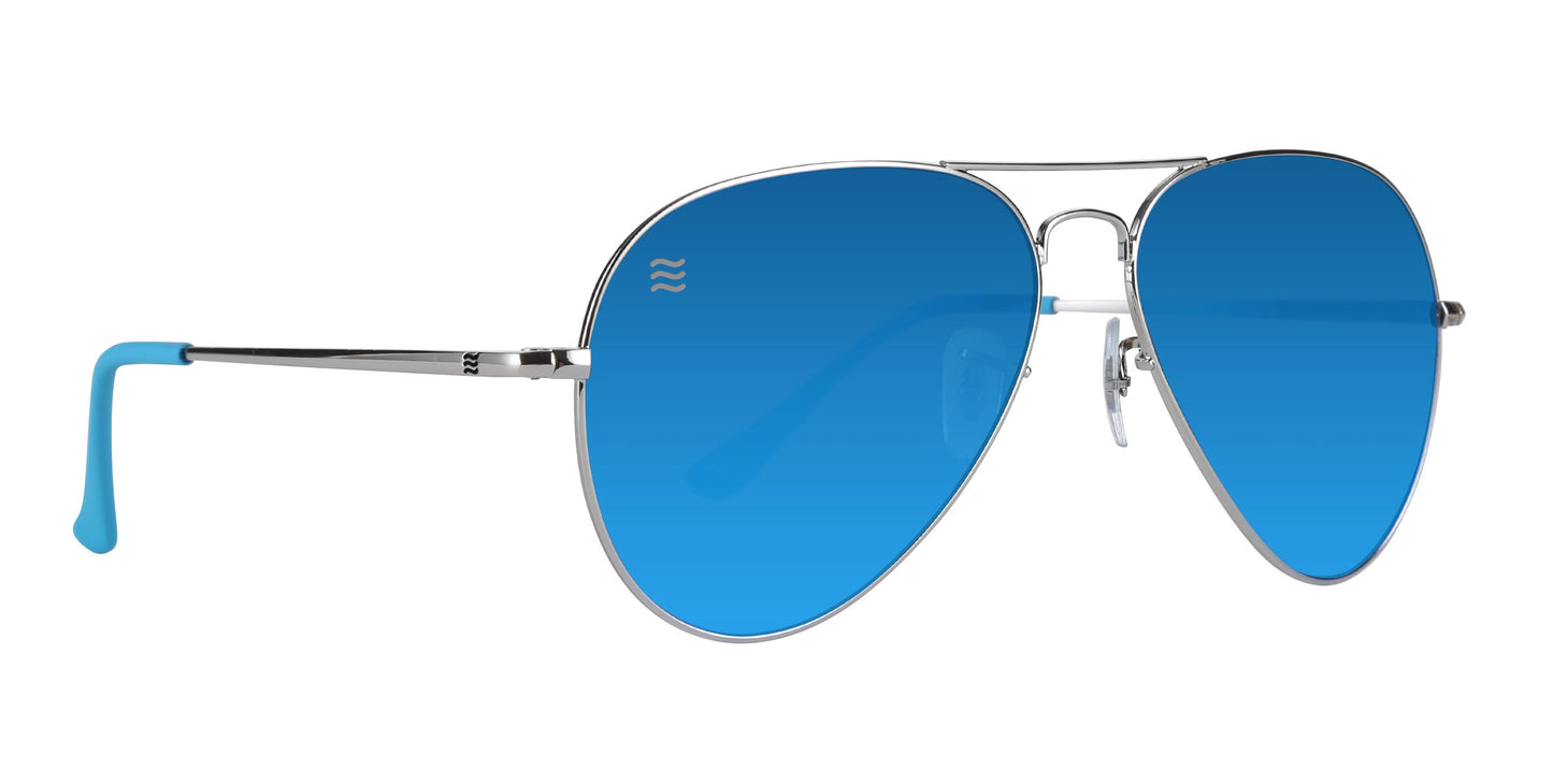 Neven Eyewear H2O aviator sunglasses feature bright blue polarized lenses with UV400 protection, thin stainless steel frames, blue plastic earpieces, and a small white wave logo on the left lens. Shown on a plain white background.