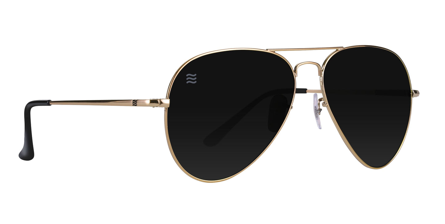 Goose by Neven Eyewear are polarized aviator sunglasses with a thin gold metal frame, large black teardrop lenses offering UV400 protection, black temple tips, and a white three-wave logo on the left lens.