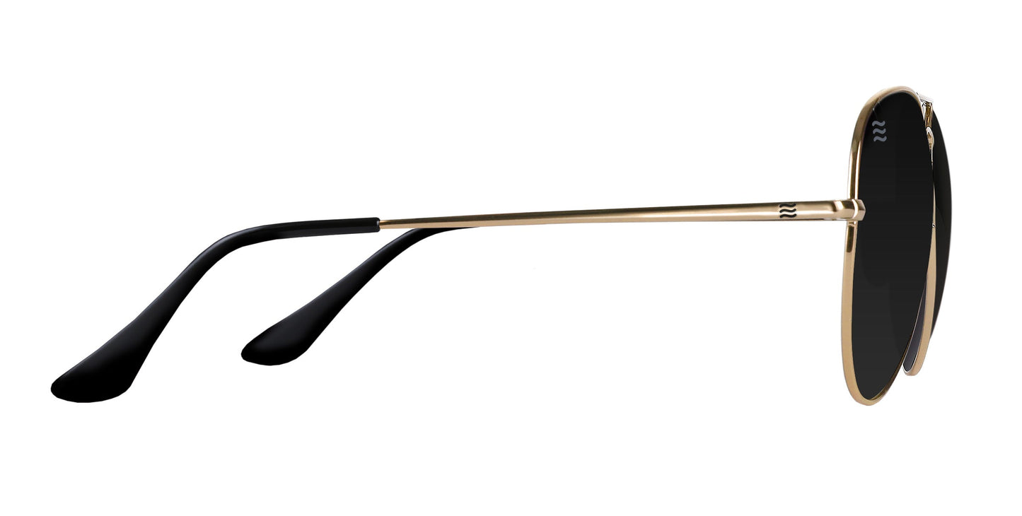Side view of Goose sunglasses by Neven Eyewear: gold metal frame with black oval lenses, thin gold temples with black plastic tips. These polarized sunglasses offer UV400 protection and subtle markings on the inner upper edge.