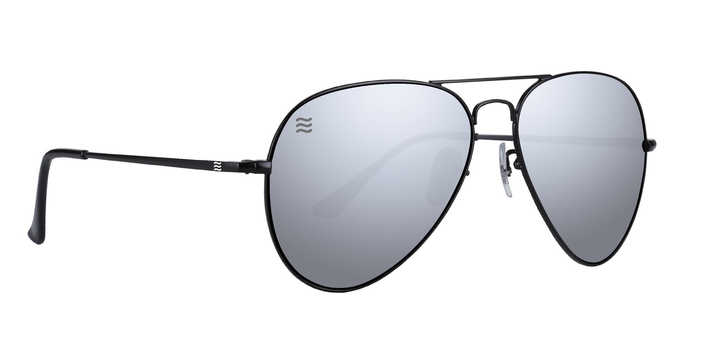 Neven Eyewear’s Mavs sunglasses feature thin black stainless steel frames, reflective silver polarized UV400 lenses, straight black arms, clear nose pads, and a wave logo on the lens and left arm near the hinge.