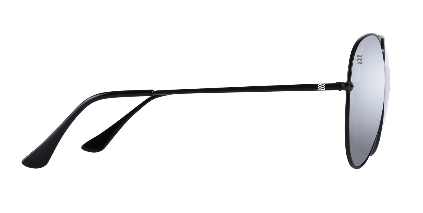 Side view of Neven Eyewear Mavs sunglasses with round, thin black stainless steel frames and temples. Reflective polarized UV400 lenses, curved temple ends, and smooth hinges are set against a plain white background.