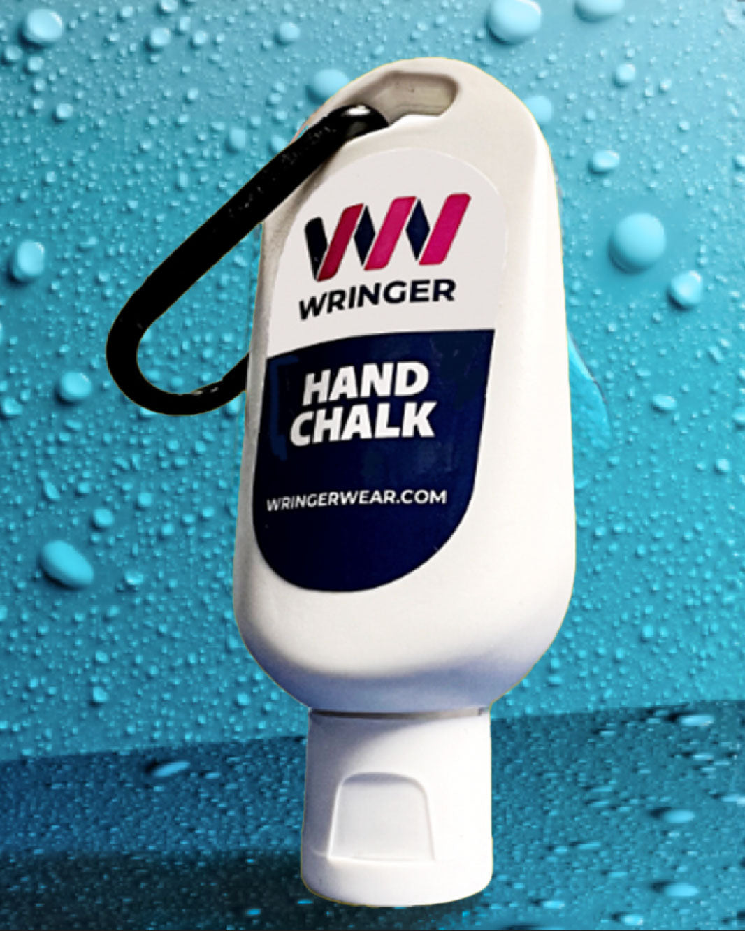 A white plastic bottle of Wringer Wear Liquid Hand Chalk with a black carabiner is set against a blue, water-speckled background. The label features the Wringer Wear logo—perfect for pickleball players. Visit wringerwear.com.