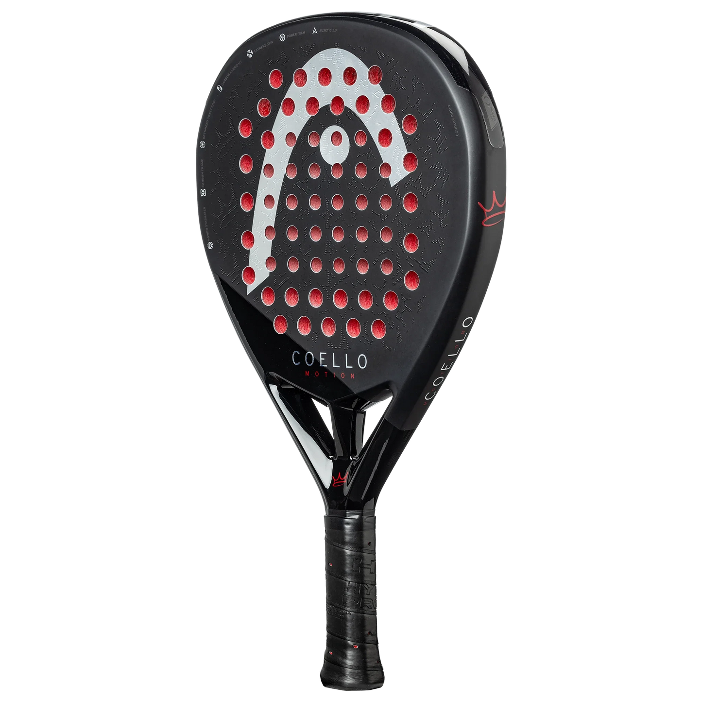The Padel USA Head Coello Motion padel racket suits advanced players, featuring a black body with red accents, circular holes, bold white/red logo, and “COELLO” on the neck above the black grip tape. Background is plain white.