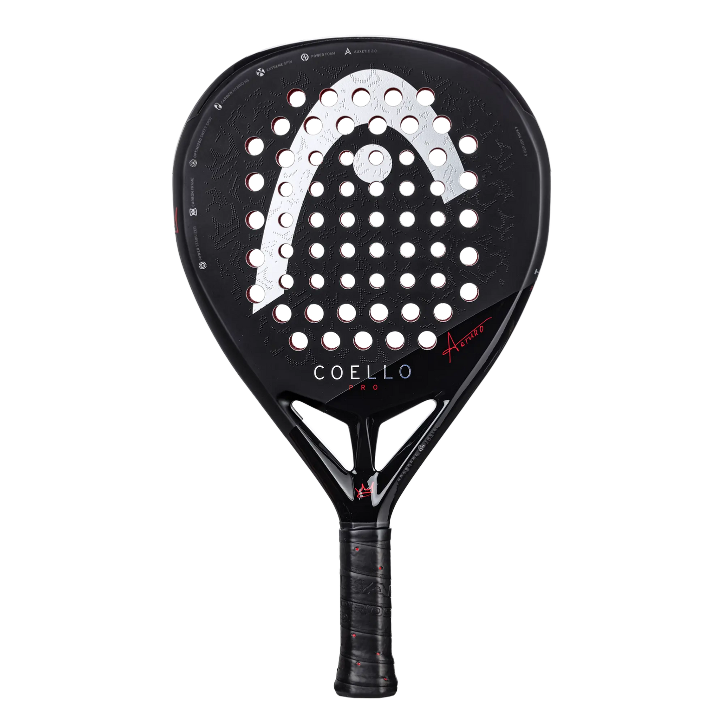The Head Coello Pro by Padel USA is a black padel racket with the white HEAD logo, silver “COELLO PRO”, red “EXTREME”, perforated holes, Auxetic 2.0 tech, and a black grip with red accents, shown on a white background.