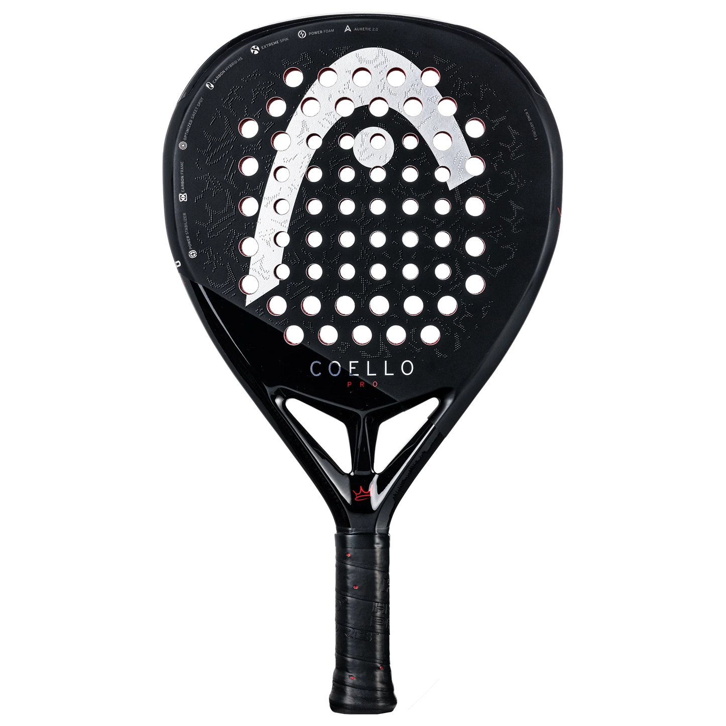 The Head Coello Pro from Padel USA is a black teardrop-shaped padel racket with round perforated holes, Auxetic 2.0 technology, a bold white “HEAD” logo, black grip tape on the handle, and “COELLO” in white near the throat.